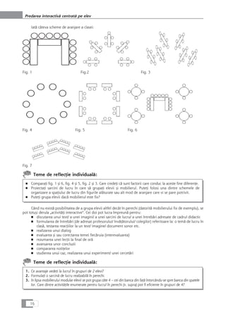 Iatå câteva scheme de aranjare a clasei:
Teme de reflecÆie individualå:
■ ComparaÆi fig. 1 çi 6, fig. 4 çi 5, fig. 2 çi 3. Care credeÆi cå sunt factorii care conduc la aceste fine diferenÆe.
■ ProiectaÆi sarcini de lucru în care så grupaÆi elevii çi mobilierul. PuteÆi folosi una dintre schemele de
organizare a spaÆiului de lucru din figurile alåturate sau alt mod de aranjare care vi se pare potrivit.
■ PuteÆi grupa elevii dacå mobilierul este fix?
Când nu existå posibilitatea de a grupa elevii altfel decât în perechi (datoritå mobilierului fix de exemplu), se
pot totuçi derula „activitåÆi interactive“. Cei doi pot lucra împreunå pentru:
■ discutarea unui text/ a unei imagini/ a unei sarcini de lucru/ a unei întrebåri adresate de cadrul didactic
■ formularea de întrebåri (de adresat profesorului/ învåÆåtorului/ colegilor) referitoare la: o temå de lucru în
claså, testarea reacÆiilor la un text/ imagine/ document sonor etc.
■ realizarea unui dialog
■ evaluarea çi sau corectarea temei fiecåruia (interevaluarea)
■ rezumarea unei lecÆii la final de orå
■ avansarea unor concluzii
■ compararea notiÆelor
■ studierea unui caz, realizarea unui experiment/ unei cercetåri
Teme de reflecÆie individualå:
1. Ce avantaje vedeÆi la lucrul în grupuri de 2 elevi?
2. FormulaÆi o sarcinå de lucru realizabilå în perechi.
3. în lipsa mobilierului modular elevii se pot grupa câte 4 – cei din banca din faÆå întorcându-se spre banca din spatele
lor. Care dintre activitåÆile enumerate pentru lucrul în perechi (v. supra) pot fi eficiente în grupuri de 4?
16
Predarea interactivå centratå pe elev
Fig. 1 Fig.2 Fig. 3
Fig. 4 Fig. 5 Fig. 6
Fig. 7
 
