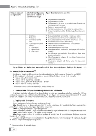 Etapele rezolvarii
unei probleme
Activitati vizand procesul
rezolvarii de probleme în
cadrul fiecarei etape
Tipuri de antrenamente specifice
■ Utilizarea instrumentelor;
■ Utilizarea algoritmilor;
■ Utilizarea unei secvente în acelasi context, în altul mai
simplu sau mai complex;
■ Folosirea unor proprietati;
■ Generarea, extinderea çi modificarea procedurilor;
■ Interpretarea informatiilor din tabele, grafice, diagrame,
desene
■ Discutare;
■ Redactare;
■ Verificarea rezulta-
tului;
■ Studiul posibilitatilor
pentru:
1. alte cazuri;
2. generalizari;
3. alte solutii.
■ Evaluarea claritatii formularilor verbale sau scrise;
■ Evaluarea conciziei formularilor verbale sau scrise;
■ Evaluarea coerentei formularilor verbale sau scrise;
■ Estimarea corectitudinii rezultatelor;
■ Determinarea consistentei logice a rezultatelor;
■ Verificarea rezultatelor;
■ Evaluarea elegantei solutiilor;
■ Evaluarea calitatii intrebarilor aparute pe parcursul re-
zolvarii;
■ Considerarea unor extinderi ale problemei si/sau altor
probleme inrudite;
■ Identificarea unor noi zone de investigare în conexiune
cu problema data;
■ Prezentarea solutiei sub forma unui mic raport de
cercetare.
Sursa: Singer, M., Radu., N – Matematicå, cls. I. Ghid pentru învåÆåtori çi pårinÆi, Ed. Sigma, 1995
Un exemplu la matematicå39
Urmåtoarea situaÆie-problemå este prelucratå dupå subiectul dat la concursul Cangurul în anul 2002.
Problema poate fi valorificatå în organizarea unor unitåÆi de învåÆare, cum ar fi, de exemplu:
■ la clasa a V-a, Numere raÆionale
■ la clasa a VI-a, Rapoarte çi proporÆii
■ la clasa a VII-a, Elemente de organizare a datelor
■ la clasa a VIII-a, EcuaÆii çi inecuaÆii
Detaliem în cele ce urmeazå un exemplu pentru clasa a VI-a.
1. Identificarea situaÆiei-problemå çi formularea problemei
Ana, Liza çi Mati, elevi la Scoala nr.1, se decid så editeze o revistå care se va adresa colegilor çi profesorilor. Ei îçi pun
urmåtoarele probleme: cum pot folosi cât mai bine timpul de care dispun, cum pot repartiza mai bine sarcinile de lucru în
echipå, cum pot obÆine bani pentru finanÆarea revistei, cum pot optimiza costurile çi cheltuielile.
2. InÆelegerea problemei
Pentru realizarea revistei, copiii poartå urmåtoarea discuÆie:
Liza: Oare cât timp ne va råpi pregåtirea revistei? Eu cred cå pot dispune de 8 ore såptåmânal çi am nevoie de 4 ore
pentru fiecare paginå. În plus, må angajez så pregåtesc çi copertele.
Mati: Eu pot pregåti câte douå pagini pe såptåmânå.
Ana: Må angajez så pregåtesc 3 pagini såptåmânal. Cred cå alte opt pagini la fiecare numår vor fi pregåtite de colegii noçtri.
Mati: Revista noastrå va avea 24 de pagini, inclusiv coperÆile.
Liza: Eu voi pregåti o rubricå de modå de o jumåtate de paginå çi alta de curiozitåÆi culese din istorie, geografie,
biologie, de 1,75 pagini.
Ana: Eu voi pregåti în fiecare numår câte o treime de paginå de francezå çi o treime de paginå de englezå, 3,75 pagini
de literaturå çi o jumåtate de paginå de gramaticå.
36
Predarea interactivå centratå pe elev
39
Exemplu realizat de Mihaela Singer
 