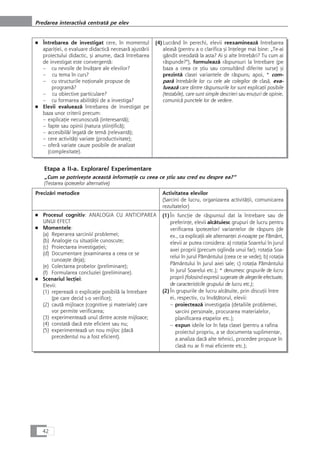 ■ Întrebarea de investigat cere, în momentul
apariÆiei, o evaluare didacticå necesarå ajustårii
proiectului didactic, çi anume, dacå întrebarea
de investigat este convergentå:
– cu nevoile de învåÆare ale elevilor?
– cu tema în curs?
– cu structurile noÆionale propuse de
programå?
– cu obiective particulare?
– cu formarea abilitåÆii de a investiga?
■ Elevii evalueazå întrebarea de investigat pe
baza unor criterii precum:
– explicaÆie necunoscutå (interesantå);
– fapte sau opinii (natura çtiinÆificå);
– accesibilå/ legatå de temå (relevantå);
– cere activitåÆi variate (productivitate);
– oferå variate cauze posibile de analizat
(complexitate).
(4)Lucrând în perechi, elevii reexamineazå întrebarea
aleaså (pentru a o clarifica çi înÆelege mai bine: „Te-ai
gândit vreodatå la asta? Ai çi alte întrebåri? Tu cum ai
råspunde?“), formuleazå råspunsuri la întrebare (pe
baza a ceea ce çtiu sau consultând diferite surse) çi
prezintå clasei variantele de råspuns; apoi, * com-
parå întrebårile lor cu cele ale colegilor de claså, eva-
lueazå care dintre råspunsurile lor sunt explicaÆii posibile
(testabile), care sunt simple descrieri sau enuÆuri de opinie,
comunicå punctele lor de vedere.
Etapa a II-a. Explorare/ Experimentare
„Cum se potriveçte aceastå informaÆie cu ceea ce çtiu sau cred eu despre ea?“
(Testarea ipotezelor alternative)
Precizåri metodice Activitatea elevilor
(Sarcini de lucru, organizarea activitåÆii, comunicarea
rezultatelor)
■ Procesul cognitiv: ANALOGIA CU ANTICIPAREA
UNUI EFECT
■ Momentele:
(a) Reperarea sarcinii/ problemei;
(b) Analogie cu situaÆiile cunoscute;
(c) Proiectarea investigaÆiei;
(d) Documentare (examinarea a ceea ce se
cunoaçte deja);
(e) Colectarea probelor (preliminare);
(f) Formularea concluziei (preliminare).
■ Scenariul lecÆiei:
Elevii:
(1) repereazå o explicaÆie posibilå la întrebare
(pe care decid s-o verifice);
(2) cautå mijloace (cognitive çi materiale) care
vor permite verificarea;
(3) experimenteazå unul dintre aceste mijloace;
(4) constatå dacå este eficient sau nu;
(5) experimenteazå un nou mijloc (dacå
precedentul nu a fost eficient).
(1)În funcÆie de råspunsul dat la întrebare sau de
preferinÆe, elevii alcåtuiesc grupuri de lucru pentru
verificarea ipotezelor/ variantelor de råspuns (de
ex., ca explicaÆii ale alternanÆei zi-noapte pe Påmânt,
elevii ar putea considera: a) rotaÆia Soarelui în jurul
axei proprii (precum oglinda unui far); rotaÆia Soa-
relui în jurul Påmântului (ceea ce se vede); b) rotaÆia
Påmântului în jurul axei sale; c) rotaÆia Påmântului
în jurul Soarelui etc.); * denumesc grupurile de lucru
proprii (folosind expresii sugerate de alegerile efectuate,
de caracteristicile grupului de lucru etc.);
(2)În grupurile de lucru alcåtuite, prin discuÆii între
ei, respectiv, cu învåÆåtorul, elevii:
– proiecteazå investigaÆia (detaliile problemei,
sarcini personale, procurarea materialelor,
planificarea etapelor etc.);
– expun ideile lor în faÆa clasei (pentru a rafina
proiectul propriu, a se documenta suplimentar,
a analiza dacå alte tehnici, procedee propuse în
claså nu ar fi mai eficiente etc.);
42
Predarea interactivå centratå pe elev
 