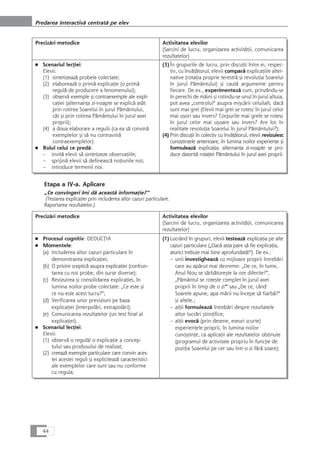 Precizåri metodice Activitatea elevilor
(Sarcini de lucru, organizarea activitåÆii, comunicarea
rezultatelor)
■ Scenariul lecÆiei:
Elevii:
(1) sintetizeazå probele colectate;
(2) elaboreazå o primå explicaÆie (o primå
regulå de producere a fenomenului);
(3) observå exemple çi contraexemple ale expli-
caÆiei (alternanÆa zi-noapte se explicå atât
prin rotirea Soarelui în jurul Påmântului,
cât çi prin rotirea Påmântului în jurul axei
proprii);
(4) a doua elaborare a regulii (ca ea så convinå
exemplelor çi så nu contravinå
contraexemplelor).
■ Rolul celui ce predå:
– invitå elevii så sintetizeze observaÆiile;
– sprijinå elevii så defineascå noÆiunile noi;
– introduce termenii noi.
(3)În grupurile de lucru, prin discuÆii între ei, respec-
tiv, cu învåÆåtorul, elevii comparå explicaÆiile alter-
native (rotaÆia proprie terestrå çi revoluÆia Soarelui
în jurul Påmântului) çi cautå argumente pentru
fiecare. De ex., experimentezå cum, prinzându-se
în perechi de mâini çi rotindu-se unul în jurul altuia,
pot avea „controlul“ asupra miçcårii celuilalt, dacå
sunt mai grei (Elevii mai grei se rotesc în jurul celor
mai uçori sau invers? Corpurile mai grele se rotesc
în jurul celor mai uçoare sau invers? Are loc în
realitate revoluÆia Soarelui în jurul Påmântului?);
(4) Prin discuÆii în colectiv cu învåÆåtorul, elevii revizuiesc
cunoçtinÆele anterioare, în lumina noilor experienÆe çi
formuleazå explicaÆia: alternanÆa zi-noapte se pro-
duce datoritå rotaÆiei Påmântului în jurul axei proprii.
Etapa a IV-a. Aplicare
„Ce convingeri îmi då aceastå informaÆie?“
(Testarea explicaÆiei prin includerea altor cazuri particulare.
Raportarea rezultatelor.)
Precizåri metodice Activitatea elevilor
(Sarcini de lucru, organizarea activitåÆii, comunicarea
rezultatelor)
■ Procesul cognitiv: DEDUCæIA
■ Momentele:
(a) Includerea altor cazuri particulare în
demonstrarea explicaÆiei;
(b) O privire scepticå asupra explicaÆiei (confrun-
tarea cu noi probe, din surse diverse);
(c) Revizuirea çi consolidarea explicaÆiei, în
lumina noilor probe colectate: „Ce este çi
ce nu este acest lucru?“;
(d) Verificarea unor previziuni pe baza
explicaÆiei (interpolåri, extrapolåri);
(e) Comunicarea rezultatelor (un test final al
explicaÆiei).
■ Scenariul lecÆiei:
Elevii:
(1) observå o regulå/ o explicaÆie a concep-
tului sau produsului de realizat;
(2) creeazå exemple particulare care convin aces-
tei acestei reguli çi expliciteazå caracteristici
ale exemplelor care sunt sau nu conforme
cu regula;
(1) Lucrând în grupuri, elevii testeazå explicaÆia pe alte
cazuri particulare („Dacå asta pare så fie explicaÆia,
atunci trebuie mai bine aprofundatå!“). De ex.:
– unii investigheazå cu mijloace proprii întrebåri
care au apårut mai devreme: „De ce, în lume,
Anul Nou se sårbåtoreçte la ore diferite?“,
„Påmântul se roteçte complet în jurul axei
proprii în timp de o zi“ sau „De ce, când
Soarele apune, apa mårii nu începe så fiarbå?“
çi altele.;
– alÆii formuleazå întrebåri despre rezultatele
altor lucråri çtiinÆifice;
– alÆii evocå (prin desene, eseuri scurte)
experienÆele proprii, în lumina noilor
cunoçtinÆe, ca aplicaÆii ale rezultatelor obÆinute
(programul de activitate propriu în funcÆie de
poziÆia Soarelui pe cer sau într-o zi fårå soare);
44
Predarea interactivå centratå pe elev
 
