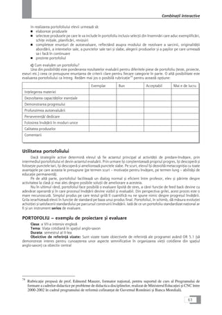 In realizarea portofoliului elevii urmeazå så:
■ elaboreze produsele
■ selecteze produsele pe care le va include în portofoliu inclusiv selecÆii din însemnåri care aduc exemplificåri,
schiÆe iniÆiale, planificåri, revizuiri
■ completeze enunÆuri de autoevaluare, reflectând asupra modului de rezolvare a sarcinii, originalitåÆii
abordårii, a intereselor sale, a punctelor sale tari çi slabe, alegerii produselor çi a paçilor pe care urmeazå
sa-i facå în continuare
■ prezinte portofoliul
c) Cum evaluåm un portofoliu?
Una din posibilitåÆi este ponderarea rezultatelor evaluårii pentru diferitele piese de portofoliu (teste, proiecte,
eseuri etc.) ceea ce presupune enunÆarea de criterii clare pentru fiecare categorie în parte. O altå posibilitate este
evaluarea portofoliului ca întreg. Redåm mai jos o posibilå rubricaÆie74
pentru aceastå opÆiune:
Exemplar Bun Acceptabil Mai e de lucru
InÆelegerea materiei
Dezvoltarea capacitåÆilor esenÆiale
Demonstrarea progresului
Profunzimea autoevaluårii
PerseverenÆå/ dedicare
Folosirea învåÆårii în moduri unice
Calitatea produselor
Comentarii
Utilitatea portofoliului
Dacå strategiile active determinå elevul så fie actantul principal al activitåÆii de predare-învåÆare, prin
intermediul portofoliului el devin actantul evaluårii. Prin urmare îçi conçtientizeazå propriul progres, îçi descoperå çi
foloseçte punctele tari, îçi descoperå çi amelioreazå punctele slabe. Pe scurt, elevul îçi dezvoltå metacogniÆia cu toate
avantajele pe care aceasta le presupune (pe termen scurt – motivaÆie pentru învåÆare, pe termen lung – abilitåçi de
educaÆie permanentå).
Pe de altå parte, portofoliul faciliteazå un dialog normal çi eficient între profesor, elev çi pårinte despre
activitatea la claså çi mai ales despre posibile soluÆii de ameliorare a acesteia.
Nu în ultimul rând, portofoliul face posibilå o evaluare lipsitå de stres, a cårei funcÆie de feed back devine cu
adevårat operantå çi în care procesul învåÆårii devine vizibil çi evaluabil. Din perspectiva grilei, acest proces este o
mare necunoscutå. Simplul produs pe care testul grilå îl cuantificå nu ne spune nimic despre progresul învåÆårii.
Grila ierarhizeazå elevii în funcÆie de standard pe baza unui produs final. Portofoliul, în schimb, då måsura evoluÆiei
achiziÆiei çi satisfacerii standardului pe parcursul construirii învåÆårii. Iatå de ce un portofoliu standardizat naÆional ar
fi çi un instrument serios de evaluare.
PORTOFOLIU – exemplu de proiectare çi evaluare
Clasa: a VII-a intensiv englezå
Tema: ViaÆa cotidianå în spaÆiul anglo-saxon
Durata: semestrul al II-lea
Obeictive de referinÆå vizate: Sunt vizate toate obiectivele de referinÆå ale programei având OR 5.1 (så
demonstreze interes pentru cunoaçterea unor aspecte semnificative în organizarea vieÆii cotidiene din spaÆiul
anglo-saxon) ca obiectiv central
63
CombinaÆii interactive
74
RubricaÆie propuså de prof. Edmond Mauzer, formator naÆional, pentru suportul de curs al Programului de
formare a cadrelor didactice pe probleme de didactica disciplinelor, realizat de Ministerul EducaÆiei çi CNC între
2000-2002 în cadrul programului de reformå cofinanÆat de Guvernul Romîniei çi Banca Mondialå.
 