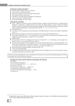 ConÆinuturi tematice abordate75
:
■ prietenie (pen friends), gusturi çi preferinÆe
■ acÆiuni pentru protejarea mediului
■ obiective culturale çi turistice din spaÆiul anglo-saxon
■ diversitatea spaÆiului anglo-saxon
■ mâncåruri çi activitåÆi specifice sårbåtorilor tradiÆionale
■ radio çi televiziune în Marea Britanie
■ personaje îndrågite din cårÆi çi filme
Piese pentru portofoliu
■ LISTE – obiective culturale çi turistice din Marea Britanie, mâncåruri specifice britanice, activitåÆi specifice
sårbåtorilor tradiÆionale, activitåÆi specifice ale tinerilor din Marea Britanie, emisiuni radio-TV în Marea
Britanie, personaje de carte/ film/ benzi desenate îndrågite de copii din Marea Britanie. (Aceste liste verificå
nivelul achiziÆiilor dobândite în domeniile definite de OR 1.1, 1.3, 1.4, 3.2, 3.3, 3.4)
■ SCRISORI (OR 4.3)
■ o scrisoare în care relateazå unui penfriend despre activitåÆile derulate în cadrul unei sårbåtori tradiÆionale
(OR 4.1)
■ douå scrisori de råspuns la mesaje de la penfriends pe teme de viaÆå cotidianå (OR 4.2)
■ ESEU STRUCTURAT (OR 4.4.) – o scurtå povestire a unui eveniment din viaÆa tinerilor (întâmplare tråitå,
imaginatå, repovestitå dupå o scrisoare de la un penfriend)
■ PROBE SCRISE
■ douå teste de confirmare a înÆelegerii de instrucÆiuni simple (OR 1.1) – de exemplu, cum se ajunge la un
obiectiv turistic, cum se preparå Christmas cake etc.
■ douå teste de înÆelegere a sensului global a unui mesaj în limbå standard rostit cu vitezå normalå (OR 1.2) çi
douå teste de desprindere a informaÆiilor specifice – de exemplu fragmente de emisiuni BBC pentru tineri
sau exemple selectate de pe casetele cu exerciÆii care însoÆesc manualele în uz
■ douå teste pentru sesizarea atitudinii vorbitorului (OR 1.4)
■ 3 FIÇE DE AUTOEVALUARE
■ 3 ESEURI EVALUATIVE DIN PARTEA PROFESORULUI (În mod obligatoriu vor fi trecute çi aprecieri asupra
dezvoltårii capacitåÆii de exprimare oralå)
Exemple de enunÆuri pentru fiçele de autoevaluare ale elevului:
Am învåÆat ...
Am fost surprins de faptul cå ...
Am folosit comparaÆia dintre .... çi .... pentru cå .....
Cel mai uçor a fost så ......
Cel mai mult mi-a plåcut så ...... pentru cå .....
Am întâmpinat urmåtoarele dificultåÆi ....
Consider cå activitatea mea în perioada .... a fost ....
Imi propun så .....
64
Predarea interactivå centratå pe elev
Elevii îçi vor selecta produsele pe care le considerå cele mai relevante, în funcÆie de aceastå tipologie çi de criteriile
de evaluare care le-au fost fåcute cunoscute.
75
ConÆinuturile reiau o parte din temele studiate pe primul semestru. Acestea vor fi abordate de aceastå datå prin
lentila vieÆii cotidiene în spaÆiul anglo-saxon.
 
