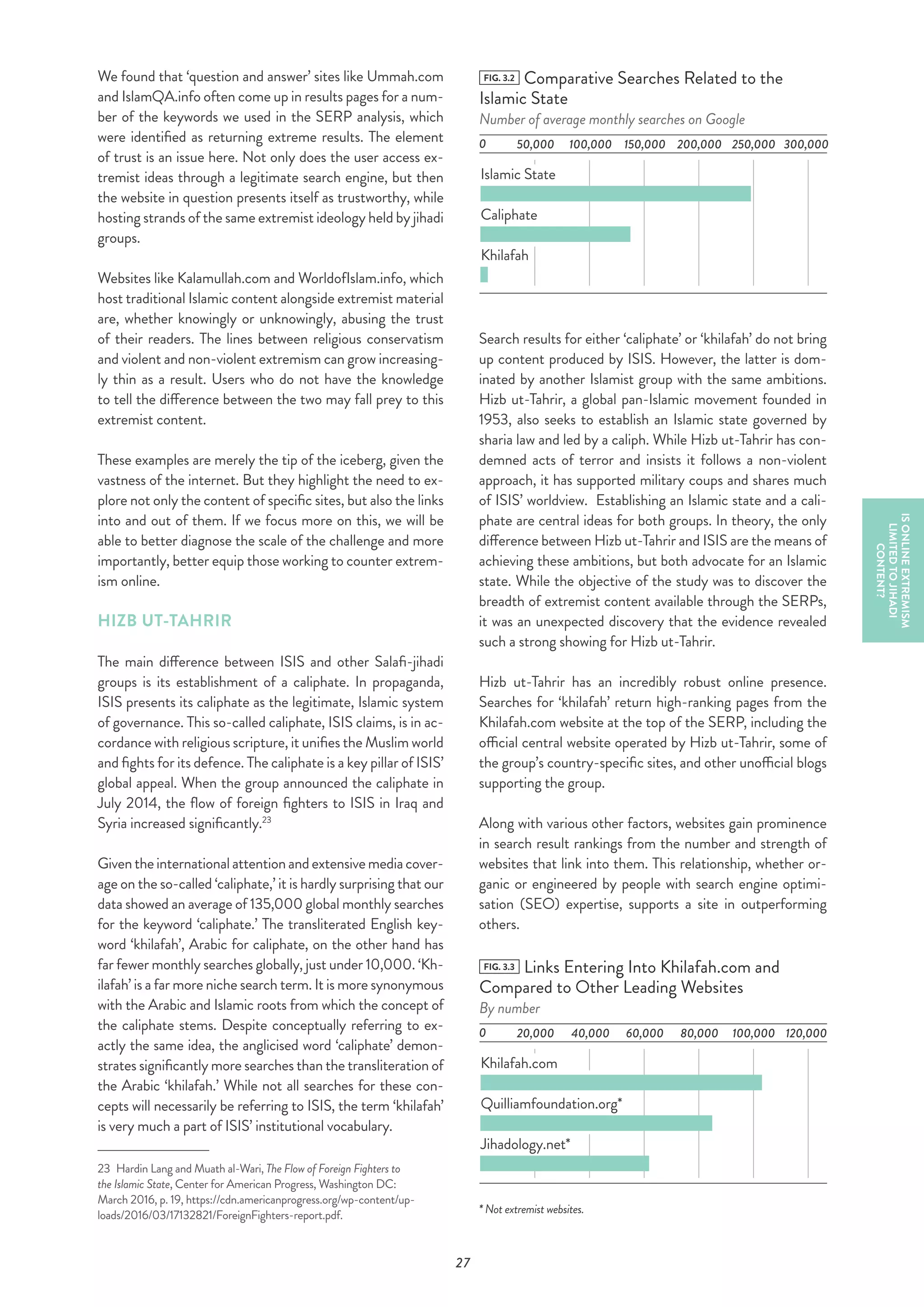 27
We found that ‘question and answer’ sites like Ummah.com
and IslamQA.info often come up in results pages for a num-
ber of the keywords we used in the SERP analysis, which
were identified as returning extreme results. The element
of trust is an issue here. Not only does the user access ex-
tremist ideas through a legitimate search engine, but then
the website in question presents itself as trustworthy, while
hosting strands of the same extremist ideology held by jihadi
groups.
Websites like Kalamullah.com and WorldofIslam.info, which
host traditional Islamic content alongside extremist material
are, whether knowingly or unknowingly, abusing the trust
of their readers. The lines between religious conservatism
and violent and non-violent extremism can grow increasing-
ly thin as a result. Users who do not have the knowledge
to tell the difference between the two may fall prey to this
extremist content.
These examples are merely the tip of the iceberg, given the
vastness of the internet. But they highlight the need to ex-
plore not only the content of specific sites, but also the links
into and out of them. If we focus more on this, we will be
able to better diagnose the scale of the challenge and more
importantly, better equip those working to counter extrem-
ism online.
HIZB UT-TAHRIR
The main difference between ISIS and other Salafi-jihadi
groups is its establishment of a caliphate. In propaganda,
ISIS presents its caliphate as the legitimate, Islamic system
of governance. This so-called caliphate, ISIS claims, is in ac-
cordance with religious scripture, it unifies the Muslim world
and fights for its defence. The caliphate is a key pillar of ISIS’
global appeal. When the group announced the caliphate in
July 2014, the flow of foreign fighters to ISIS in Iraq and
Syria increased significantly.23
Giventheinternationalattentionandextensivemediacover-
age on the so-called ‘caliphate,’ it is hardly surprising that our
data showed an average of 135,000 global monthly searches
for the keyword ‘caliphate.’ The transliterated English key-
word ‘khilafah’, Arabic for caliphate, on the other hand has
far fewer monthly searches globally, just under 10,000. ‘Kh-
ilafah’ is a far more niche search term. It is more synonymous
with the Arabic and Islamic roots from which the concept of
the caliphate stems. Despite conceptually referring to ex-
actly the same idea, the anglicised word ‘caliphate’ demon-
strates significantly more searches than the transliteration of
the Arabic ‘khilafah.’ While not all searches for these con-
cepts will necessarily be referring to ISIS, the term ‘khilafah’
is very much a part of ISIS’ institutional vocabulary.
23  Hardin Lang and Muath al-Wari, The Flow of Foreign Fighters to
the Islamic State, Center for American Progress, Washington DC:
March 2016, p. 19, https://cdn.americanprogress.org/wp-content/up-
loads/2016/03/17132821/ForeignFighters-report.pdf.
FIG. 3.2 Comparative Searches Related to the
Islamic State
Number of average monthly searches on Google
0
Islamic State
Caliphate
Khilafah
250,000 300,000200,000150,000100,00050,000
Search results for either ‘caliphate’ or ‘khilafah’ do not bring
up content produced by ISIS. However, the latter is dom-
inated by another Islamist group with the same ambitions.
Hizb ut-Tahrir, a global pan-Islamic movement founded in
1953, also seeks to establish an Islamic state governed by
sharia law and led by a caliph. While Hizb ut-Tahrir has con-
demned acts of terror and insists it follows a non-violent
approach, it has supported military coups and shares much
of ISIS’ worldview. Establishing an Islamic state and a cali-
phate are central ideas for both groups. In theory, the only
difference between Hizb ut-Tahrir and ISIS are the means of
achieving these ambitions, but both advocate for an Islamic
state. While the objective of the study was to discover the
breadth of extremist content available through the SERPs,
it was an unexpected discovery that the evidence revealed
such a strong showing for Hizb ut-Tahrir.
Hizb ut-Tahrir has an incredibly robust online presence.
Searches for ‘khilafah’ return high-ranking pages from the
Khilafah.com website at the top of the SERP, including the
official central website operated by Hizb ut-Tahrir, some of
the group’s country-specific sites, and other unofficial blogs
supporting the group.
Along with various other factors, websites gain prominence
in search result rankings from the number and strength of
websites that link into them. This relationship, whether or-
ganic or engineered by people with search engine optimi-
sation (SEO) expertise, supports a site in outperforming
others.
FIG. 3.3 Links Entering Into Khilafah.com and
Compared to Other Leading Websites
By number
0
Khilafah.com
Quilliamfoundation.org*
Jihadology.net*
100,000 120,00080,00060,00040,00020,000
* Not extremist websites.
ISONLINEEXTREMISM
LIMITEDTOJIHADI
CONTENT?
 