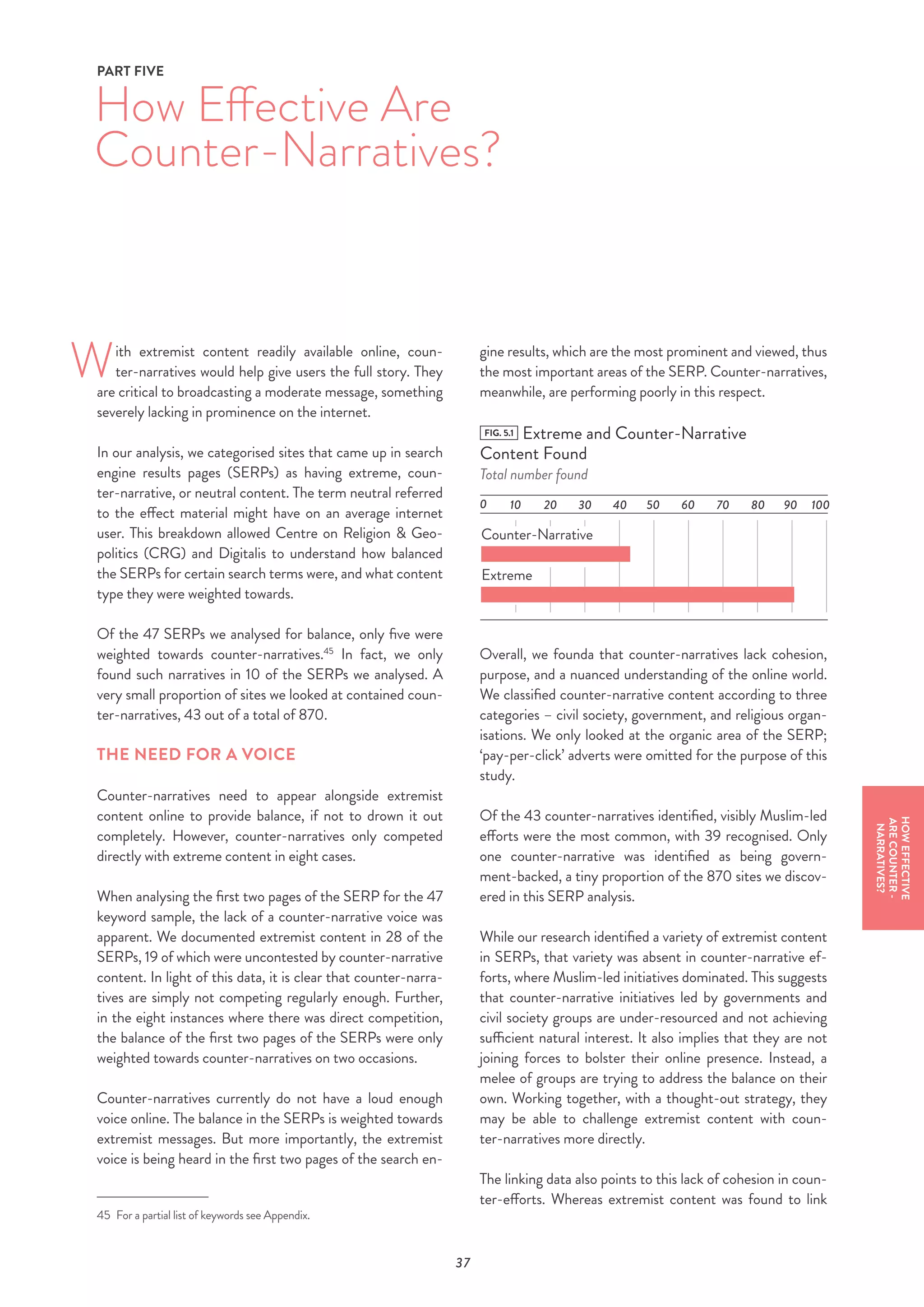 37
ith extremist content readily available online, coun-
ter-narratives would help give users the full story. They
are critical to broadcasting a moderate message, something
severely lacking in prominence on the internet.
In our analysis, we categorised sites that came up in search
engine results pages (SERPs) as having extreme, coun-
ter-narrative, or neutral content. The term neutral referred
to the effect material might have on an average internet
user. This breakdown allowed Centre on Religion & Geo-
politics (CRG) and Digitalis to understand how balanced
the SERPs for certain search terms were, and what content
type they were weighted towards.
Of the 47 SERPs we analysed for balance, only five were
weighted towards counter-narratives.45
In fact, we only
found such narratives in 10 of the SERPs we analysed. A
very small proportion of sites we looked at contained coun-
ter-narratives, 43 out of a total of 870.
THE NEED FOR A VOICE
Counter-narratives need to appear alongside extremist
content online to provide balance, if not to drown it out
completely. However, counter-narratives only competed
directly with extreme content in eight cases.
When analysing the first two pages of the SERP for the 47
keyword sample, the lack of a counter-narrative voice was
apparent. We documented extremist content in 28 of the
SERPs, 19 of which were uncontested by counter-narrative
content. In light of this data, it is clear that counter-narra-
tives are simply not competing regularly enough. Further,
in the eight instances where there was direct competition,
the balance of the first two pages of the SERPs were only
weighted towards counter-narratives on two occasions.
Counter-narratives currently do not have a loud enough
voice online. The balance in the SERPs is weighted towards
extremist messages. But more importantly, the extremist
voice is being heard in the first two pages of the search en-
45  For a partial list of keywords see Appendix.
gine results, which are the most prominent and viewed, thus
the most important areas of the SERP. Counter-narratives,
meanwhile, are performing poorly in this respect.
FIG. 5.1 Extreme and Counter-Narrative
Content Found
Total number found
0
Counter-Narrative
Extreme
60 1004020 8050 903010 70
Overall, we founda that counter-narratives lack cohesion,
purpose, and a nuanced understanding of the online world.
We classified counter-narrative content according to three
categories – civil society, government, and religious organ-
isations. We only looked at the organic area of the SERP;
‘pay-per-click’ adverts were omitted for the purpose of this
study.
Of the 43 counter-narratives identified, visibly Muslim-led
efforts were the most common, with 39 recognised. Only
one counter-narrative was identified as being govern-
ment-backed, a tiny proportion of the 870 sites we discov-
ered in this SERP analysis.
While our research identified a variety of extremist content
in SERPs, that variety was absent in counter-narrative ef-
forts, where Muslim-led initiatives dominated. This suggests
that counter-narrative initiatives led by governments and
civil society groups are under-resourced and not achieving
sufficient natural interest. It also implies that they are not
joining forces to bolster their online presence. Instead, a
melee of groups are trying to address the balance on their
own. Working together, with a thought-out strategy, they
may be able to challenge extremist content with coun-
ter-narratives more directly.
The linking data also points to this lack of cohesion in coun-
ter-efforts. Whereas extremist content was found to link
How Effective Are
Counter-Narratives?
PART FIVE
W
HOWEFFECTIVE
ARECOUNTER-
NARRATIVES?
 