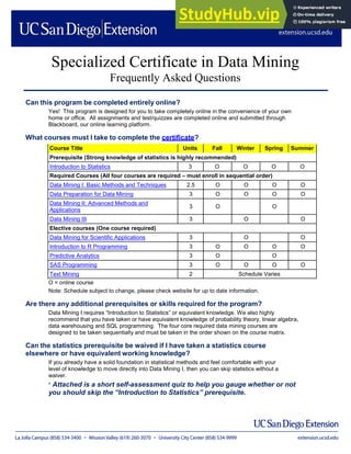 Specialized Certificate in Data Mining
Frequently Asked Questions
Can this program be completed entirely online?
Yes! This program is designed for you to take completely online in the convenience of your own
home or office. All assignments and test/quizzes are completed online and submitted through
Blackboard, our online learning platform.
What courses must I take to complete the certificate?
Course Title Units Fall Winter Spring Summer
Prerequisite (Strong knowledge of statistics is highly recommended)
Introduction to Statistics 3 O O O O
Required Courses (All four courses are required – must enroll in sequential order)
Data Mining I: Basic Methods and Techniques 2.5 O O O O
Data Preparation for Data Mining 3 O O O O
Data Mining II: Advanced Methods and
Applications
3 O O
Data Mining III 3 O O
Elective courses (One course required)
Data Mining for Scientific Applications 3 O O
Introduction to R Programming 3 O O O O
Predictive Analytics 3 O O
SAS Programming 3 O O O O
Text Mining 2 Schedule Varies
O = online course
Note: Schedule subject to change, please check website for up to date information.
Are there any additional prerequisites or skills required for the program?
Data Mining I requires “Introduction to Statistics” or equivalent knowledge. We also highly
recommend that you have taken or have equivalent knowledge of probability theory, linear algebra,
data warehousing and SQL programming. The four core required data mining courses are
designed to be taken sequentially and must be taken in the order shown on the course matrix.
Can the statistics prerequisite be waived if I have taken a statistics course
elsewhere or have equivalent working knowledge?
If you already have a solid foundation in statistical methods and feel comfortable with your
level of knowledge to move directly into Data Mining I, then you can skip statistics without a
waiver.
* Attached is a short self-assessment quiz to help you gauge whether or not
you should skip the “Introduction to Statistics” prerequisite.
 