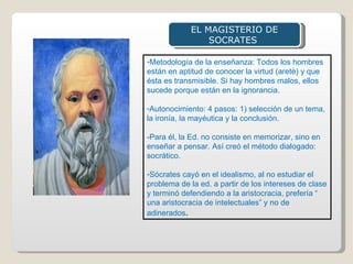 Metodología de la enseñanza: Todos los hombres están en aptitud de conocer la virtud (aretè) y que ésta es transmisible. Si hay hombres malos, ellos sucede porque están en la ignorancia. Autonocimiento: 4 pasos: 1) selección de un tema, la ironía, la mayéutica y la conclusión.  -Para él, la Ed. no consiste en memorizar, sino en enseñar a pensar. Así creó el método dialogado: socrático. Sócrates cayó en el idealismo, al no estudiar el problema de la ed. a partir de los intereses de clase y terminó defendiendo a la aristocracia, prefería “ una aristocracia de intelectuales” y no de adinerados . EL MAGISTERIO DE SOCRATES  