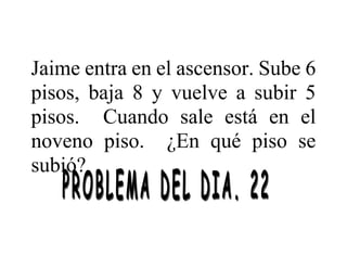 Jaime entra en el ascensor. Sube 6
pisos, baja 8 y vuelve a subir 5
pisos. Cuando sale está en el
noveno piso. ¿En qué piso se
subió?
 