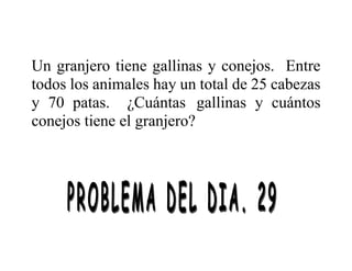 Un granjero tiene gallinas y conejos. Entre
todos los animales hay un total de 25 cabezas
y 70 patas. ¿Cuántas gallinas y cuántos
conejos tiene el granjero?
 