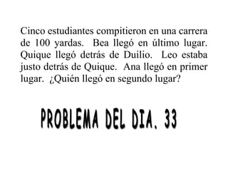Cinco estudiantes compitieron en una carrera
de 100 yardas. Bea llegó en último lugar.
Quique llegó detrás de Duilio. Leo estaba
justo detrás de Quique. Ana llegó en primer
lugar. ¿Quién llegó en segundo lugar?
 