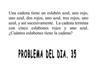 Una cadena tiene un eslabón azul, uno rojo,
uno azul, dos rojos, uno azul, tres rojos, uno
azul, y así sucesivamente. La cadena termina
con cinco eslabones rojos y uno azul.
¿Cuántos eslabones tiene la cadena?
 