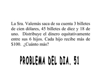 La Sra. Valemás saca de su cuenta 3 billetes
de cien dólares, 45 billetes de diez y 18 de
uno. Distribuye el dinero equitativamente
entre sus 6 hijos. Cada hijo recibe más de
$100. ¿Cuánto más?
 