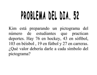 Kim está preparando un pictograma del
número de estudiantes que practican
deportes. Hay 76 en hockey, 43 en sóftbol,
103 en béisbol , 19 en fútbol y 27 en carreras.
¿Qué valor debería darle a cada símbolo del
pictograma?
 