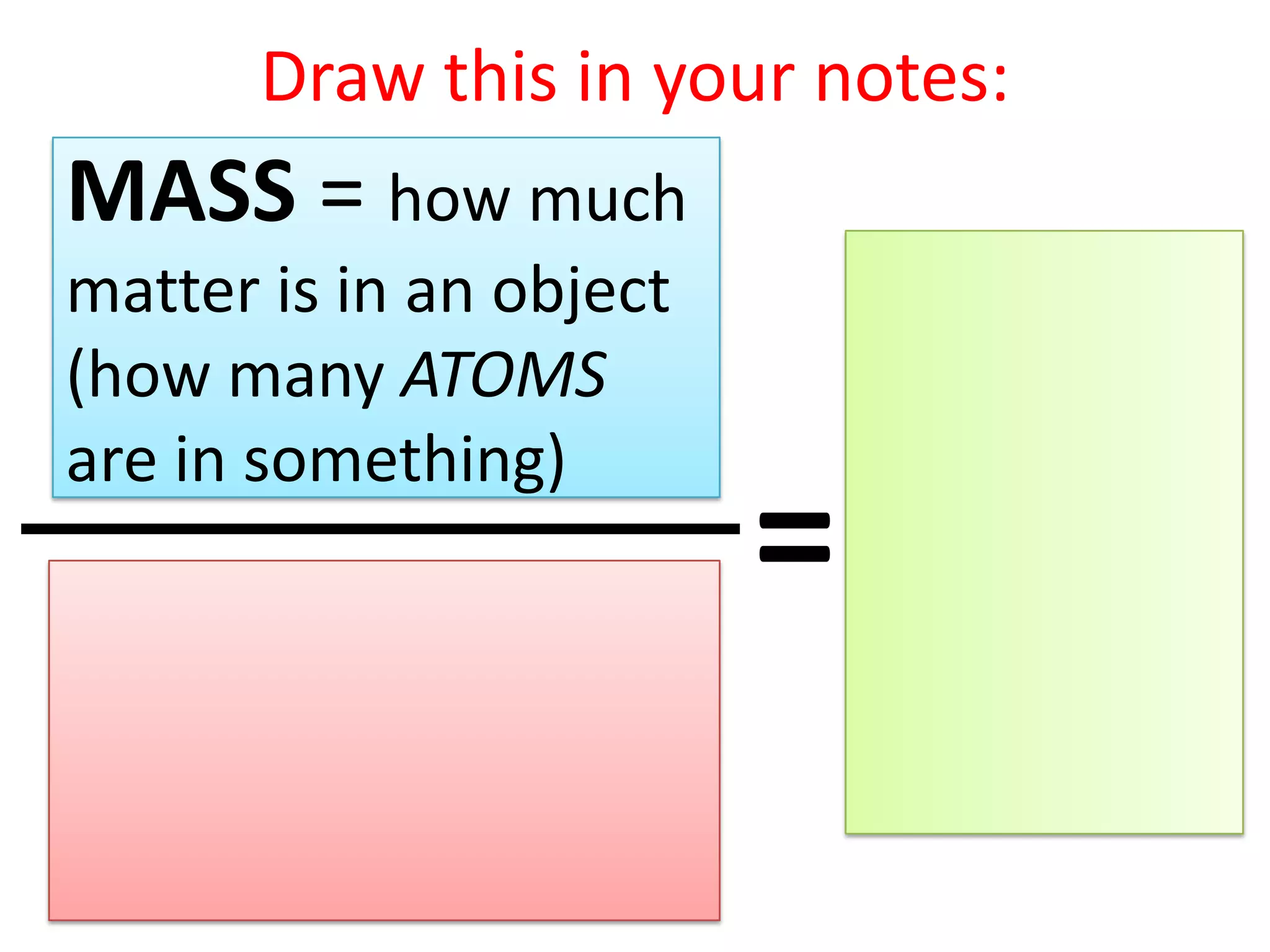 Draw this in your notes:
MASS = how much
matter is in an object
(how many ATOMS
are in something)
                         =
 