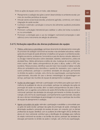 CADERNOSDE
ATENÇÃOBÁSICA
63
SAÚDE NA ESCOLA
Entre as ações da equipe como um todo, cabe destacar:
•	 Planejamento e avaliação das ações a serem desenvolvidas no ambiente escolar, por
meio de reuniões periódicas da equipe;
•	 Articular atores sociais locais (escolas, produtores agrícolas, comércio), com vistas à
integração de saúde escolar;
•	 Conhecer e estimular a produção e consumo dos alimentos saudáveis produzidos
regionalmente;
•	 Promover a articulação intersetorial para viabilizar o cultivo de hortas na escola e/
ou na comunidade;
•	 Promover a orientação para o uso da rotulagem nutricional (composição e valor
calórico) como instrumento de seleção de alimentos.
5.6.9.2 Atribuições específicas dos diversos profissionais das equipes
•	 Médico, enfermeiro e odontólogo: participar ativamente do planejamento e execução
do processo de avaliação nutricional nas escolas e das atividades educativas; realizar
ações de promoção de saúde alimentar e trabalhos com grupos no ambiente escolar,
dirigidos aos alunos, professores, funcionários e pais dos alunos; estudar, elaborar e/
ou divulgar material educativo sobre obesidade, diabetes, sedentarismo, prática de
atividade física, hábitos alimentares e estilos de vida, mudanças de comportamento,
entre outros; aferir dados antropométricos de peso e altura, avaliar o IMC dos
escolares. Nesse processo, identificar casos de maior risco à saúde e realizar consulta
clínica em ambulatório e/ou domicílios e, quando for necessário, com o apoio de
outros profissionais; participar e coordenar atividades de educação permanente
no âmbito da saúde e nutrição, sob a forma da coparticipação, acompanhamento
supervisionado, discussão de caso e demais metodologias da aprendizagem em
serviço, participar das reuniões de equipe de planejamento e avaliação.
•	 Auxiliar de enfermagem: estimular a participação comunitária para ações que visem à
melhoria da qualidade de vida da comunidade; participar da realização das ações de
promoção de saúde nas escolas; aferir os dados antropométricos de peso e altura;
identificar com os agentes comunitários de saúde (ACS) famílias dos alunos em risco
nutricional; participar das atividades de educação permanente no âmbito da saúde e
nutrição, sob a forma da coparticipação, acompanhamento supervisionado, discussão
de caso e demais metodologias da aprendizagem em serviço; e participar das reuniões
de equipe de planejamento e avaliação.
•	 Agente comunitário de saúde: estimular a participação e sensibilizar a comunidade para
as ações de saúde escolar; participar das ações de promoção de saúde, orientação de
alimentação saudável e prevenção do excesso de peso, em conjunto com os demais
profissionais da equipe; identificar, com os auxiliares de enfermagem (ACS), famílias dos
alunos em risco nutricional; contribuir para a identificação de estratégias para melhoria
do estado nutricional nas escolas e nas famílias dos alunos; participar das atividades de
educação permanente no âmbito da saúde e nutrição, sob a forma da coparticipação,
 