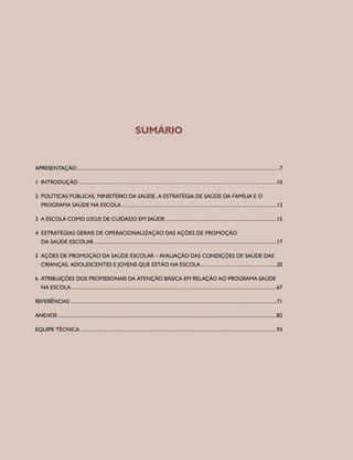 APRESENTAÇÃO................................................................................................................................................7
1 INTRODUÇÃO.............................................................................................................................................10
2 POLÍTICAS PÚBLICAS, MINISTÉRIO DA SAÚDE, A ESTRATÉGIA DE SAÚDE DA FAMÍLIA E O
PROGRAMA SAÚDE NA ESCOLA...............................................................................................................12
3 A ESCOLA COMO LOCUS DE CUIDADO EM SAÚDE................................................................................15
4 ESTRATÉGIAS GERAIS DE OPERACIONALIZAÇÃO DAS AÇÕES DE PROMOÇÃO
DA SAÚDE ESCOLAR..................................................................................................................................17
5 AÇÕES DE PROMOÇÃO DA SAÚDE ESCOLAR – AVALIAÇÃO DAS CONDIÇÕES DE SAÚDE DAS
CRIANÇAS, ADOLESCENTES E JOVENS QUE ESTÃO NA ESCOLA.......................................................20
6 ATRIBUIÇÕES DOS PROFISSIONAIS DA ATENÇÃO BÁSICA EM RELAÇÃO AO PROGRAMA SAÚDE
NA ESCOLA...................................................................................................................................................67
REFERÊNCIAS...................................................................................................................................................71
ANEXOS............................................................................................................................................................82
EQUIPE TÉCNICA............................................................................................................................................93
SUMÁRIO
 