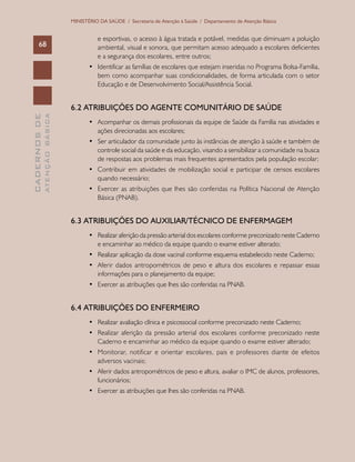 CADERNOSDE
ATENÇÃOBÁSICA68
MINISTÉRIO DA SAÚDE / Secretaria de Atenção à Saúde / Departamento de Atenção Básica
e esportivas, o acesso à água tratada e potável, medidas que diminuam a poluição
ambiental, visual e sonora, que permitam acesso adequado a escolares deficientes
e a segurança dos escolares, entre outros;
•	 Identificar as famílias de escolares que estejam inseridas no Programa Bolsa-Família,
bem como acompanhar suas condicionalidades, de forma articulada com o setor
Educação e de Desenvolvimento Social/Assistência Social.
6.2 ATRIBUIÇÕES DO AGENTE COMUNITÁRIO DE SAÚDE
•	 Acompanhar os demais profissionais da equipe de Saúde da Família nas atividades e
ações direcionadas aos escolares;
•	 Ser articulador da comunidade junto às instâncias de atenção à saúde e também de
controle social da saúde e da educação, visando a sensibilizar a comunidade na busca
de respostas aos problemas mais frequentes apresentados pela população escolar;
•	 Contribuir em atividades de mobilização social e participar de censos escolares
quando necessário;
•	 Exercer as atribuições que lhes são conferidas na Política Nacional de Atenção
Básica (PNAB).
6.3 ATRIBUIÇÕES DO AUXILIAR/TÉCNICO DE ENFERMAGEM
•	 Realizar aferição da pressão arterial dos escolares conforme preconizado neste Caderno
e encaminhar ao médico da equipe quando o exame estiver alterado;
•	 Realizar aplicação da dose vacinal conforme esquema estabelecido neste Caderno;
•	 Aferir dados antropométricos de peso e altura dos escolares e repassar essas
informações para o planejamento da equipe;
•	 Exercer as atribuições que lhes são conferidas na PNAB.
6.4 ATRIBUIÇÕES DO ENFERMEIRO
•	 Realizar avaliação clínica e psicossocial conforme preconizado neste Caderno;
•	 Realizar aferição da pressão arterial dos escolares conforme preconizado neste
Caderno e encaminhar ao médico da equipe quando o exame estiver alterado;
•	 Monitorar, notificar e orientar escolares, pais e professores diante de efeitos
adversos vacinais;
•	 Aferir dados antropométricos de peso e altura, avaliar o IMC de alunos, professores,
funcionários;
•	 Exercer as atribuições que lhes são conferidas na PNAB.
 