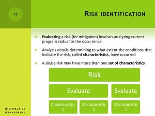 RISK IDENTIFICATION
 Evaluating a risk (for mitigation) involves analyzing current
program status for the occurrence
 Analysis entails determining to what extent the conditions that
indicate the risk, called characteristics, have occurred
 A single risk may have more than one set of characteristics
Risk
Evaluate
Characteristic
1
Characteristic
2
Evaluate
Characteristic
3
15
D I S T R I B U T I V E
M A N A G E M E N T
 