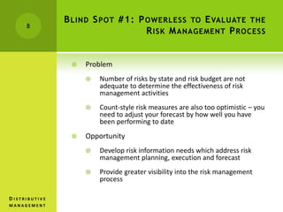 BLIND SPOT #1: POWERLESS TO EVALUATE THE
RISK MANAGEMENT PROCESS
8
D I S T R I B U T I V E
M A N A G E M E N T
 Problem
 Number of risks by state and risk budget are not
adequate to determine the effectiveness of risk
management activities
 Count-style risk measures are also too optimistic – you
need to adjust your forecast by how well you have
been performing to date
 Opportunity
 Develop risk information needs which address risk
management planning, execution and forecast
 Provide greater visibility into the risk management
process
 