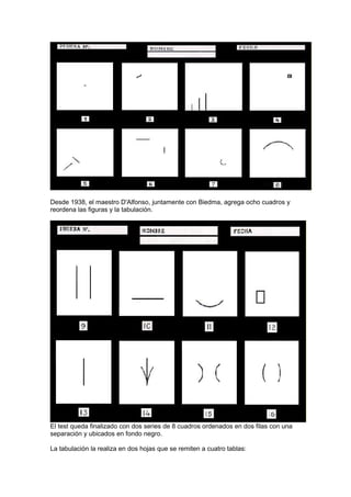 Desde 1938, el maestro D'Alfonso, juntamente con Biedma, agrega ocho cuadros y
reordena las figuras y la tabulación.

El test queda finalizado con dos series de 8 cuadros ordenados en dos filas con una
separación y ubicados en fondo negro.
La tabulación la realiza en dos hojas que se remiten a cuatro tablas:

 