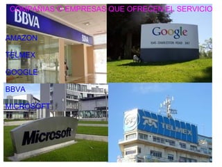 COMPAÑIAS O EMPRESAS QUE OFRECEN EL SERVICIO


AMAZON

TELMEX

GOOGLE

BBVA

MICROSOFT
 