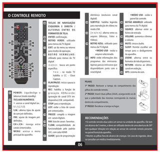 O CONTROLE REMOTO
08
01

33

02

09
03

32

05

10

30

04

31
29

11
06

28

07

27

12

08
10

09

26

11

25

13

23

15
16

21
20
19

24

12
14

13

22

17
18

14

15
01

02
03

04

05

06

07

POWER: Liga/desliga o
televisor (modo standby).
TECLADO NUMÉRICO.
•: acesso a canal digital (ex.:
5.1, 5.2, 5.3).
S.M.: alterna tipos de ajuste
de som pré-definidos.
P.M.: ajuste de imagem prédefinidos.
CH+/CH-: navega entre
canais sintonizados.
MENU: acessa o menu
principal do aparelho.

16
17

18

19
20

21

22

TECLAS DE NAVEGAÇÃO
ESQUERDA E DIREITA /
A LT E R N A E N T R E O S
FORMATOS DE TELA.
ENTER: confirmação.
BOTÃO VERDE: utilizado
para menus da TV digital.
EXIT: sai do menu ou retorna
para modos de operação.
BOTÃO VERMELHO:
utilizado para menus da TV
digital
<</>>: busca um ponto
específico.
•<< - no modo TV
habilita o CC - Close
Caption.
PLAY/PAUSE: inicia e pausa a
reprodução.
REC: habilita a função de
gravação HDRecorder
(gravação de canal DTV em
dispositivo USB compatível).
STOP: para a reprodução.
LIST: exibe a lista de canais
pré-sintonizados.
FREEZE: congela a imagem
em canais digitais.
FAV: lista de canais favoritos.
T-LINK: compatibilidade de
funcionalidade pelo padrão
CEC, com cabo HDMI.
GUIDE: guia de programação

23

24

25

eletrônica (exclusivo canal
digital).
SUBTITLE: habilita legenda
para reprodução de vídeos no
modo USB.
|<</>>|: alterna entre os
arquivo (Músicas, Fotos e
Vídeos).
BOTÃO AZUL: utilizado para
menus da TV digital.
•MODO USB - exclui o
arquivo selecionado.
INFO: exibe informações dos
programas das emissoras.
Apenas para as emissoras que
disponibilizem junto com o
sinal digital.

26

27

28

29
30

31

32

33

•MODO USB - exibe o
painel de controle.
BOTÃO AMARELO: utilizado
para menus da TV digital.
SOURCE: alternar entre as
fontes de entrada.
VOLUME: aumenta e diminui
o volume.
MUTE: cessa o áudio.
SLEEP: Permite escolher um
tempo para o desligamento
do aparelho.
ZOOM: alterna entre os
formatos de tela disponíveis.
RETURN: retorna ao último
canal em exibição.
MTS: sistema de som.

PILHAS
1º PASSO: Remover a tampa do compartimento das

1ºPasso

pilhas do controle remoto.
2º PASSO: Inserir duas pilhas (AAA), assegurando-se de
que a polaridade das mesmas corresponda às marcas

2ºPasso

dentro do compartimento.
3º PASSO: Recolocar a tampa no lugar.
3ºPasso

RECOMENDAÇÕES
•O controle remoto atua sobre um sensor na unidade do aparelho. Ele tem
um alcance de 5 metros, e deve ser utilizado dentro de uma abertura de 30º
(em qualquer direção) em relação ao sensor do controle remoto presente
no painel frontal do aparelho.
•Manter as pilhas fora do alcance de crianças. Em caso de ingestão, devese consultar um médico imediatamente.

06

 