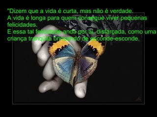 "Dizem que a vida é curta, mas não é verdade.
A vida é longa para quem consegue viver pequenas
felicidades.
E essa tal felicidade anda por ai, disfarçada, como uma
criança tranqüila brincando de esconde-esconde.
 