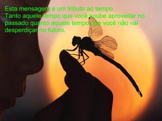 Esta mensagem é um tributo ao tempo.
Tanto aquele tempo que você soube aproveitar no
passado quanto aquele tempo que você não vai
desperdiçar no futuro.
 