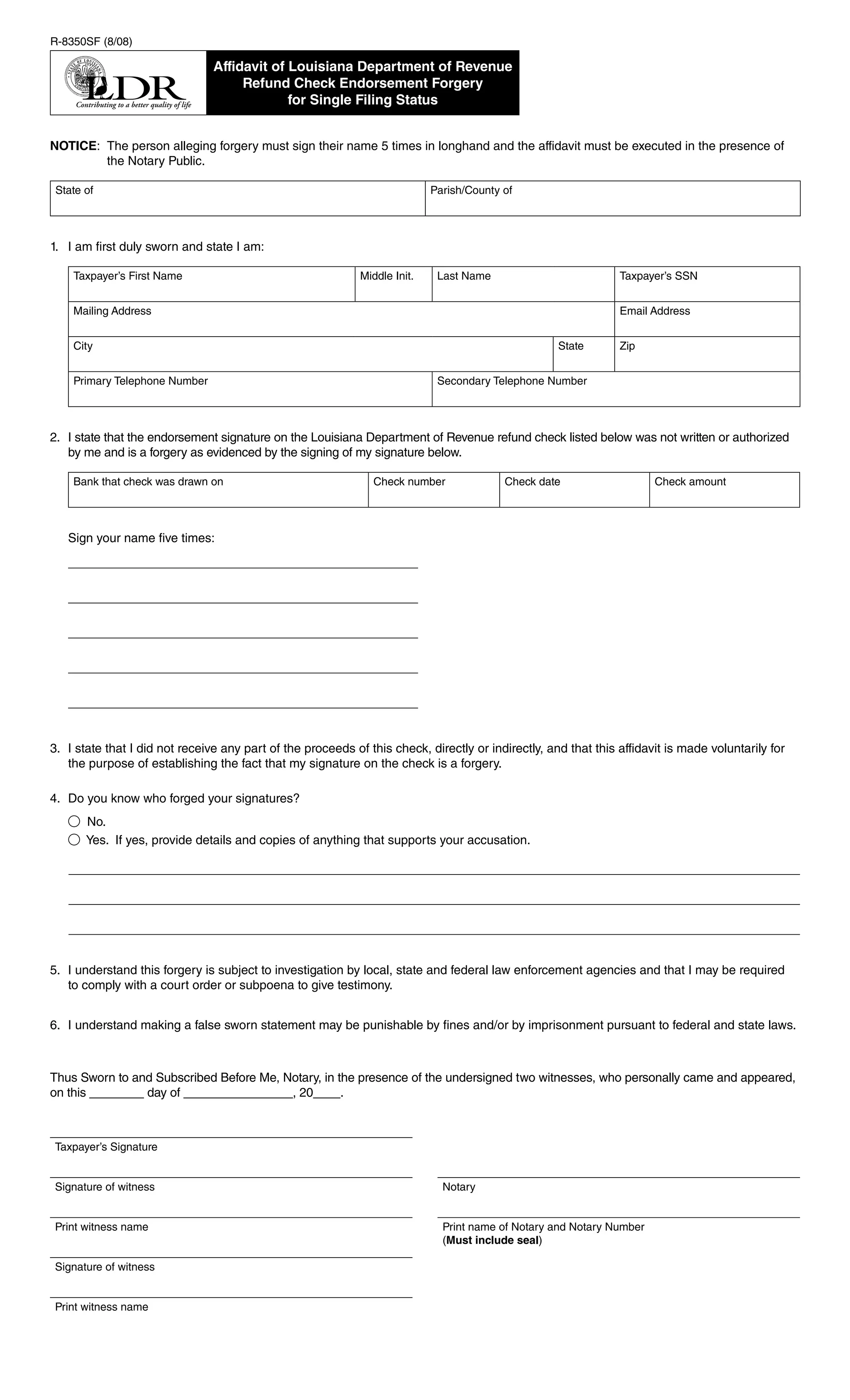Blank Ldr Form Example.pdf LDR Affidavit of Fraudulent Refund Deposit for Married Filing Jointly ...
