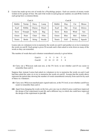 3
2

Louise has made up two sets of words for a Psychology project. Each set consists of twenty words
written in ﬁve groups of four. On card A the words in each group are random; on card B the words in
each group have a common theme.
Card A

Card B

Rabbit

Turnip

Daisy

Lamp

Rabbit

Dog

Cat

Mouse

Scarf

Pebble

Cheese

Pencil

Scarf

Hat

Coat

Gloves

Snow

Triangle

Yacht

Bag

Snow

Rain

Wind

Sun

Green

Pram

Chair

Film

Green

Blue

Red

Yellow

Tennis

Bottle

String

Needle

Tennis

Golf

Hockey

Squash

Louise asks six volunteers to try to memorise the words on card A and another six to try to memorise
the words on card B. Each group is given 30 seconds and is then asked to write down as many of the
words as they can remember.
The number of words that each volunteer remembered correctly is given below.
Card A:
Card B:

4
12

9
18

3
13

14
15

7
5

11
8

(i) Carry out a Wilcoxon rank-sum test, at the 5% level, to test whether card B was easier to
remember than card A.
[4]

Suppose that, instead, Louise had asked six volunteers to try to memorise the words on card A and
had then asked the same six to try to memorise the words on card B. Assume that the results above
represent the paired data showing the number of words remembered correctly from each list by each
of these six volunteers.
(ii) Carry out a Wilcoxon matched-pairs signed-rank test, at the 5% level, to test whether card B was
easier to remember than card A.
[4]
(iii) Apart from changing the words on the lists, give one way in which Louise could have improved
the design of her experiment in part (i), and a different way in which she could have improved
the design of the experiment in part (ii).
[2]

© UCLES 2011

1347/02/SP/12

[Turn over

 