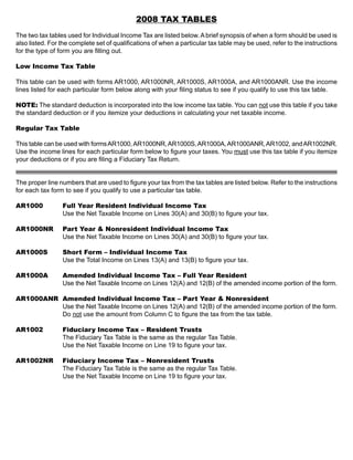 2008 TAX TABLES
The two tax tables used for Individual Income Tax are listed below. A brief synopsis of when a form should be used is
also listed. For the complete set of qualifications of when a particular tax table may be used, refer to the instructions
for the type of form you are filling out.

Low Income Tax Table

This table can be used with forms AR1000, AR1000NR, AR1000S, AR1000A, and AR1000ANR. Use the income
lines listed for each particular form below along with your filing status to see if you qualify to use this tax table.

NOTE: The standard deduction is incorporated into the low income tax table. You can not use this table if you take
the standard deduction or if you itemize your deductions in calculating your net taxable income.

Regular Tax Table

This table can be used with forms AR1000, AR1000NR, AR1000S, AR1000A, AR1000ANR, AR1002, and AR1002NR.
Use the income lines for each particular form below to figure your taxes. You must use this tax table if you itemize
your deductions or if you are filing a Fiduciary Tax Return.


The proper line numbers that are used to figure your tax from the tax tables are listed below. Refer to the instructions
for each tax form to see if you qualify to use a particular tax table.

AR1000           Full Year Resident Individual Income Tax
                 Use the Net Taxable Income on Lines 30(A) and 30(B) to figure your tax.

AR1000NR         Part Year & Nonresident Individual Income Tax
                 Use the Net Taxable Income on Lines 30(A) and 30(B) to figure your tax.

AR1000S          Short Form – Individual Income Tax
                 Use the Total Income on Lines 13(A) and 13(B) to figure your tax.

AR1000A          Amended Individual Income Tax – Full Year Resident
                 Use the Net Taxable Income on Lines 12(A) and 12(B) of the amended income portion of the form.

AR1000ANR Amended Individual Income Tax – Part Year & Nonresident
          Use the Net Taxable Income on Lines 12(A) and 12(B) of the amended income portion of the form.
          Do not use the amount from Column C to figure the tax from the tax table.

AR1002           Fiduciary Income Tax – Resident Trusts
                 The Fiduciary Tax Table is the same as the regular Tax Table.
                 Use the Net Taxable Income on Line 19 to figure your tax.

AR1002NR         Fiduciary Income Tax – Nonresident Trusts
                 The Fiduciary Tax Table is the same as the regular Tax Table.
                 Use the Net Taxable Income on Line 19 to figure your tax.
 