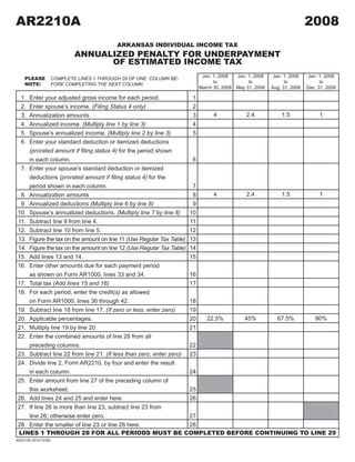AR2210A                                                                                                                       2008
                                                              2008A1

                                             ARKANSAS INDIVIDUAL INCOME TAX
                              ANNUALIZED PENALTY FOR UNDERPAYMENT
                                    OF ESTIMATED INCOME TAX
                                                                               Jan. 1, 2008    Jan. 1, 2008    Jan. 1, 2008    Jan. 1, 2008
    PLEASE            COMPLETE LINES 1 THROUGH 28 OF ONE COLUMN BE-
                                                                                    to              to              to              to
    NOTE:             FORE COMPLETING THE NEXT COLUMN.
                                                                              March 30, 2008   May 31, 2008   Aug. 31, 2008   Dec. 31, 2008

  1.   Enter your adjusted gross income for each period.                 1
  2.   Enter spouse’s income. (Filing Status 4 only)                     2
                                                                                    4              2.4            1.5              1
  3.   Annualization amounts.                                            3
  4.   Annualized income. (Multiply line 1 by line 3)                    4
  5.   Spouse’s annualized income. (Multiply line 2 by line 3)           5
  6.   Enter your standard deduction or itemized deductions
       (prorated amount if filing status 4) for the period shown
       in each column.                                                    6
  7.   Enter your spouse’s standard deduction or itemized
       deductions (prorated amount if filing status 4) for the
       period shown in each column.                                       7
                                                                                    4              2.4            1.5              1
  8.   Annualization amounts                                              8
  9.   Annualized deductions (Multiply line 6 by line 8)                  9
 10.   Spouse’s annualized deductions. (Multiply line 7 by line 8)       10
 11.   Subtract line 9 from line 4.                                      11
 12.   Subtract line 10 from line 5.                                     12
 13.   Figure the tax on the amount on line 11 (Use Regular Tax Table)   13
 14.   Figure the tax on the amount on line 12 (Use Regular Tax Table)   14
 15.   Add lines 13 and 14.                                              15
 16.   Enter other amounts due for each payment period
       as shown on Form AR1000, lines 33 and 34.                         16
 17.   Total tax (Add lines 15 and 16)                                   17
 18.   For each period, enter the credit(s) as allowed
       on Form AR1000, lines 36 through 42.                              18
 19.   Subtract line 18 from line 17. (If zero or less, enter zero)      19
                                                                                                  45%           67.5%            90%
                                                                                 22.5%
 20.   Applicable percentages.                                           20
 21.   Multiply line 19 by line 20.                                      21
 22.   Enter the combined amounts of line 28 from all
       preceding columns.                                                22
 23.   Subtract line 22 from line 21. (If less than zero, enter zero)    23
 24.   Divide line 2, Form AR2210, by four and enter the result
       in each column.                                                   24
 25. Enter amount from line 27 of the preceding column of
     this worksheet.                                        25
 26. Add lines 24 and 25 and enter here.                    26
 27. If line 26 is more than line 23, subtract line 23 from
     line 26; otherwise enter zero.                         27
 28. Enter the smaller of line 23 or line 26 here.          28
 LINES 1 THROUGH 28 FOR ALL PERIODS MUST BE COMPLETED BEFORE CONTINUING TO LINE 29
AR2210A (R10/13/08)
                                                                                                         CLICK HERE TO CLEAR FORM
 