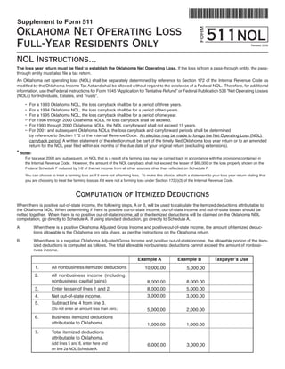 Supplement to Form 511
Oklahoma Net Operating Loss                                                                                             511nol




                                                                                                                 FORM
Full-Year Residents Only                                                                                                                         Revised 2008




NOL Instructions...
The loss year return must be filed to establish the Oklahoma Net Operating Loss. If the loss is from a pass-through entity, the pass-
through entity must also file a tax return.
An Oklahoma net operating loss (NOL) shall be separately determined by reference to Section 172 of the Internal Revenue Code as
modified by the Oklahoma Income Tax Act and shall be allowed without regard to the existence of a Federal NOL. Therefore, for additional
information, use the Federal instructions for Form 1045 “Application for Tentative Refund” or Federal Publication 536 “Net Operating Losses
(NOLs) for Individuals, Estates, and Trusts”.

     • For a 1993 Oklahoma NOL, the loss carryback shall be for a period of three years.
     • For a 1994 Oklahoma NOL, the loss carryback shall be for a period of two years.
     • For a 1995 Oklahoma NOL, the loss carryback shall be for a period of one year.
     • * For 1996 through 2000 Oklahoma NOLs, no loss carryback shall be allowed.
     • For 1993 through 2000 Oklahoma NOLs, the NOL carryforward shall not exceed 15 years.
     • * For 2001 and subsequent Oklahoma NOLs, the loss carryback and carryforward periods shall be determined
         by reference to Section 172 of the Internal Revenue Code. An election may be made to forego the Net Operating Loss (NOL)
         carryback period. A written statement of the election must be part of the timely filed Oklahoma loss year return or to an amended
         return for the NOL year filed within six months of the due date of your original return (excluding extensions).
* Notes:
     For tax year 2000 and subsequent, an NOL that is a result of a farming loss may be carried back in accordance with the provisions contained in
     the Internal Revenue Code. However, the amount of the NOL carryback shall not exceed the lesser of $60,000 or the loss properly shown on the
     Federal Schedule F reduced by 1/2 of the net income from all other sources other than reflected on Schedule F.
     You can choose to treat a farming loss as if it were not a farming loss. To make this choice, attach a statement to your loss year return stating that
     you are choosing to treat the farming loss as if it were not a farming loss under Section 172(i)(3) of the Internal Revenue Code.



                                    Computation of Itemized Deductions
When there is positive out-of-state income, the following steps, A or B, will be used to calculate the itemized deductions attributable to
the Oklahoma NOL. When determining if there is positive out-of-state income, out-of-state income and out-of-state losses should be
netted together. When there is no positive out-of-state income, all of the itemized deductions will be claimed on the Oklahoma NOL
computation, go directly to Schedule A. If using standard deduction, go directly to Schedule A.

A.         When there is a positive Oklahoma Adjusted Gross Income and positive out-of-state income, the amount of itemized deduc-
           tions allowable is the Oklahoma pro rata share, as per the instructions on the Oklahoma return.

B.         When there is a negative Oklahoma Adjusted Gross Income and positive out-of-state income, the allowable portion of the item-
           ized deductions is computed as follows. The total allowable nonbusiness deductions cannot exceed the amount of nonbusi-
           ness income.

                                                                           Example A                Example B              Taxpayer’s Use
           1.        All nonbusiness itemized deductions                       10,000.00                 5,000.00
           2.        All nonbusiness income (including
                     nonbusiness capital gains)                                                          8,000.00
                                                                                 8,000.00
           3.        Enter lesser of lines 1 and 2.                                                      5,000.00
                                                                                 8,000.00
                                                                                 3,000.00                3,000.00
           4.        Net out-of-state income.
           5.        Subtract line 4 from line 3.
                     (Do not enter an amount less than zero.)                    5,000.00                2,000.00
           6.        Business itemized deductions
                     attributable to Oklahoma.                                   1,000.00                1,000.00
           7.        Total itemized deductions
                     attributable to Oklahoma.
                     Add lines 5 and 6, enter here and                                                   3,000.00
                                                                                 6,000.00
                     on line 2a NOL Schedule A.
 