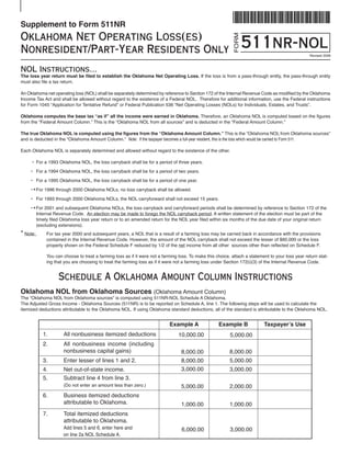 Supplement to Form 511NR
Oklahoma Net Operating Loss(es)
                                                                                                              511nr-nol




                                                                                                          FORM
Nonresident/Part-Year Residents Only                                                                                                             Revised 2008



NOL Instructions...
The loss year return must be filed to establish the Oklahoma Net Operating Loss. If the loss is from a pass-through entity, the pass-through entity
must also file a tax return.

An Oklahoma net operating loss (NOL) shall be separately determined by reference to Section 172 of the Internal Revenue Code as modified by the Oklahoma
Income Tax Act and shall be allowed without regard to the existence of a Federal NOL. Therefore for additional information, use the Federal instructions
for Form 1045 “Application for Tentative Refund” or Federal Publication 536 “Net Operating Losses (NOLs) for Individuals, Estates, and Trusts”.

Oklahoma computes the base tax “as if” all the income were earned in Oklahoma. Therefore, an Oklahoma NOL is computed based on the figures
from the “Federal Amount Column.” This is the “Oklahoma NOL from all sources” and is deducted in the “Federal Amount Column.”

The true Oklahoma NOL is computed using the figures from the “Oklahoma Amount Column.” This is the “Oklahoma NOL from Oklahoma sources”
and is deducted in the “Oklahoma Amount Column.” Note: If the taxpayer becomes a full-year resident, this is the loss which would be carried to Form 511.

Each Oklahoma NOL is separately determined and allowed without regard to the existence of the other.

     • For a 1993 Oklahoma NOL, the loss carryback shall be for a period of three years.

     • For a 1994 Oklahoma NOL, the loss carryback shall be for a period of two years.

     • For a 1995 Oklahoma NOL, the loss carryback shall be for a period of one year.

     • * For 1996 through 2000 Oklahoma NOLs, no loss carryback shall be allowed.

     • For 1993 through 2000 Oklahoma NOLs, the NOL carryforward shall not exceed 15 years.

     • * For 2001 and subsequent Oklahoma NOLs, the loss carryback and carryforward periods shall be determined by reference to Section 172 of the
         Internal Revenue Code. An election may be made to forego the NOL carryback period. A written statement of the election must be part of the
         timely filed Oklahoma loss year return or to an amended return for the NOL year filed within six months of the due date of your original return
         (excluding extensions).
* Note:     For tax year 2000 and subsequent years, a NOL that is a result of a farming loss may be carried back in accordance with the provisions
            contained in the Internal Revenue Code. However, the amount of the NOL carryback shall not exceed the lesser of $60,000 or the loss
            properly shown on the Federal Schedule F reduced by 1/2 of the net income from all other sources other than reflected on Schedule F.

            You can choose to treat a farming loss as if it were not a farming loss. To make this choice, attach a statement to your loss year return stat-
            ing that you are choosing to treat the farming loss as if it were not a farming loss under Section 172(i)(3) of the Internal Revenue Code.


                  Schedule A Oklahoma Amount Column Instructions
Oklahoma NOL from Oklahoma Sources (Oklahoma Amount Column)
The “Oklahoma NOL from Oklahoma sources” is computed using 511NR-NOL Schedule A Oklahoma.
The Adjusted Gross Income - Oklahoma Sources (511NR) is to be reported on Schedule A, line 1. The following steps will be used to calculate the
itemized deductions attributable to the Oklahoma NOL. If using Oklahoma standard deductions, all of the standard is attributable to the Oklahoma NOL.


                                                                          Example A                Example B              Taxpayer’s Use
           1.        All nonbusiness itemized deductions                       10,000.00                 5,000.00
           2.        All nonbusiness income (including
                     nonbusiness capital gains)                                                          8,000.00
                                                                                8,000.00
           3.        Enter lesser of lines 1 and 2.                                                      5,000.00
                                                                                8,000.00
                                                                                3,000.00                 3,000.00
           4.        Net out-of-state income.
           5.        Subtract line 4 from line 3.
                     (Do not enter an amount less than zero.)                   5,000.00                 2,000.00
           6.        Business itemized deductions
                     attributable to Oklahoma.                                  1,000.00                 1,000.00
           7.        Total itemized deductions
                     attributable to Oklahoma.
                     Add lines 5 and 6, enter here and                                                   3,000.00
                                                                                6,000.00
                     on line 2a NOL Schedule A.
 