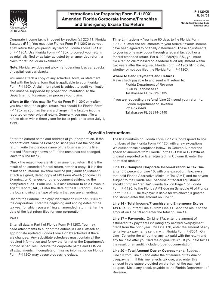 amended florida corporate income franchise and emergency excise tax florida form f 1120 instructions