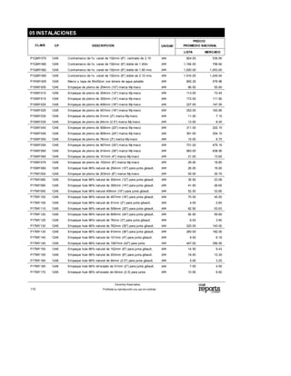 CLAVE CP DESCRIPCION
PRECIO
PROMEDIO NACIONALUNIDAD
LISTA MERCADO
05 INSTALACIONES
P1QMY075 1245 Contramarco de f o. canal de 152mm (6") centrado de 2.10 pza 824.00 535.60
P1QMY080 1245 Contramarco de f o. canal de 152mm (6") doble de 1.40m pza 1,164.00 756.60
P1QMY082 1245 Contramarco de f o. canal de 152mm (6") doble de 1.80 mts. pza 1,620.00 1,053.00
P1QMY085 1245 Contramarco de f o. canal de 152mm (6") doble de 2.10 mts. pza 1,916.00 1,245.40
P1RMY005 1245 Marco y tapa de 50x50cm con letrero de agua potable pza 892.25 579.96
P1SMY005 1245 Empaque de plomo de 254mm (10") marca My maco pza 86.00 55.90
P1SMY010 1245 Empaque de plomo de 304mm (12") marca My maco pza 113.00 73.45
P1SMY015 1245 Empaque de plomo de 355mm (14") marca My maco pza 172.00 111.80
P1SMY020 1245 Empaque de plomo de 406mm (16") marca My maco pza 227.00 147.55
P1SMY025 1245 Empaque de plomo de 457mm (18") marca My maco pza 252.00 163.80
P1SMY030 1245 Empaque de plomo de 51mm (2") marca Mymaco pza 11.00 7.15
P1SMY035 1245 Empaque de plomo de 64mm (2.5") marca My maco pza 13.00 8.45
P1SMY040 1245 Empaque de plomo de 508mm (20") marca My maco pza 311.00 202.15
P1SMY045 1245 Empaque de plomo de 609mm (24") marca My maco pza 391.00 254.15
P1SMY050 1245 Empaque de plomo de 76mm (3") marca Mymaco pza 15.00 9.75
P1SMY055 1245 Empaque de plomo de 487mm (30") marca My maco pza 731.00 475.15
P1SMY060 1245 Empaque de plomo de 914mm (36") marca My maco pza 983.00 638.95
P1SMY065 1245 Empaque de plomo de 101mm (4") marca My maco pza 21.00 13.65
P1SMY075 1245 Empaque de plomo de 152mm (6") marca My maco pza 29.00 18.85
P1SMY080 1245 Empaque hule 66% natural de 254mm (10") para junta gibault, pza 26.00 16.90
P1TMY005 1245 Empaque de plomo de 203mm (8") marca My maco pza 55.00 35.75
P1TMY085 1245 Empaque hule 66% natural de 304mm (12") para junta gibault, pza 35.50 23.08
P1TMY090 1245 Empaque hule 66% natural de 355mm (14") para junta gibault, pza 41.00 26.65
P1TMY095 1245 Empaque hule 66% natural 406mm (16") para junta gibault, pza 52.00 33.80
P1TMY100 1245 Empaque hule 66% natural de 457mm (18") para junta gibault, pza 70.00 45.50
P1TMY105 1245 Empaque hule 66% natural de 51mm (2") para junta gibault, pza 4.00 2.60
P1TMY115 1245 Empaque hule 66% natural de 508mm (20") para junta gibault, pza 82.50 53.63
P1TMY120 1245 Empaque hule 66% natural de 609mm (24") para junta gibault, pza 92.00 59.80
P1TMY125 1245 Empaque hule 66% natural de 76mm (3") para junta gibault, pza 6.00 3.90
P1TMY130 1245 Empaque hule 66% natural de 762mm (30") para junta gibault, pza 220.00 143.00
P1TMY135 1245 Empaque hule 66% natural de 914mm (36") para junta gibault, pza 280.00 182.00
P1TMY140 1245 Empaque hule 66% natural de 101mm (4") para junta gibault, pza 9.50 6.18
P1TMY145 1245 Empaque hule 66% natural de 1067mm (42") para junta pza 447.00 290.55
P1TMY150 1245 Empaque hule 66% natural de 152mm (6") para junta gibault, pza 14.50 9.43
P1TMY155 1245 Empaque hule 66% natural de 203mm (8") para junta gibault, pza 19.00 12.35
P1TMY160 1245 Empaque hule 66% natural de 64mm (2.5") para junta gibault, pza 5.00 3.25
P1TMY165 1245 Empaque hule 66% ref orzado de 51mm (2") para junta gibault, pza 7.00 4.55
P1TMY170 1245 Empaque hule 66% ref orzado de 64mm (2.5) para junta pza 10.50 6.82
Derechos Reservados.
Prohibida su reproducción ysu uso sin contrato110
 