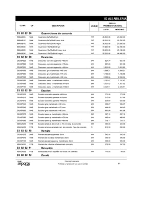 CLAVE CP DESCRIPCION
PRECIO
PROMEDIO NACIONALUNIDAD
LISTA MERCADO
03 ALBAÑILERIA
03 02 02 06 Guarniciones de concreto
B8AAB005 1444 Guarnicion 9x7x25x80 gri mill 26,500.00 23,850.00
B8AAB010 1444 Guarnicion 9x7x25x80 rosa, ocre mill 28,000.00 25,200.00
B8AAB015 1444 Guarnicion 9x7x25x80 negra mill 30,000.00 27,000.00
B8AAB020 1444 Guarnicion 15x12x30x80 gri mill 47,200.00 42,480.00
B8AAB025 1444 Guarnicion 15x12x30x80 rosa, ocre mill 50,200.00 45,180.00
B8AAB030 1444 Guarnicion 15x12x30x80 negra mill 52,200.00 46,980.00
03 02 02 08 Descanso
DEASP020 1445 Descanso concreto aparente r=60cms pza 821.70 821.70
DEASP025 1445 Descanso concreto aparente r=75cms pza 951.00 951.00
DEASP030 1445 Descanso concreto aparente r=90cms pza 1,603.80 1,603.80
DEASP055 1445 Descanso gris martelinado r=60 cms pza 1,068.21 1,068.21
DEASP060 1445 Descanso gris martelinado r=75 cms pza 1,166.88 1,166.88
DEASP065 1445 Descanso gris martelinado r=90 cms pza 2,084.94 2,084.94
DEASP090 1445 Descanso pasta y martelinado r=60cm pza 1,191.47 1,191.47
DEASP095 1445 Descanso pasta y martelinado r=75cm pza 1,301.52 1,301.52
DEASP100 1445 Descanso pasta y martelinado r=90cm pza 2,325.51 2,325.51
03 02 02 09 Escalon
DEASP005 1445 Escalon concreto aparente r=60cms pza 273.90 273.90
DEASP010 1445 Escalon concreto aparente r=75cms pza 317.90 317.90
DEASP015 1445 Escalon concreto aparente r=90cms pza 534.60 534.60
DEASP040 1445 Escalon gris martelinado r=60 cms pza 356.07 356.07
DEASP045 1445 Escalon gris martelinado r=75 cms pza 444.40 444.40
DEASP050 1445 Escalon gris martelinado r=90 cms pza 661.98 661.98
DEASP075 1445 Escalon pasta y martelinado r=60cms pza 397.16 397.16
DEASP080 1445 Escalon pasta y martelinado r=75cms pza 496.45 496.45
DEASP085 1445 Escalon pasta y martelinado r=90cms pza 775.17 775.17
M2AGA045 1178 Escalon arbol de 20 cm alt. x 70 cm long. de concreto pza 360.00 324.00
M2AGA050 1178 Escalon p/rampa acabado nat. de concreto Tapa de concreto m 612.00 550.80
03 02 02 10 Remate
DEASP035 1445 Remate escalera aparente 20cm pza 242.00 242.00
DEASP070 1445 Remate de escalera martelinado 20cm pza 346.50 346.50
DEASP105 1445 Remate escalera pasta y martelinado 20cm pza 355.00 355.00
M2AGA030 1178 Remate de columna p/balaustrado concreto pza 275.00 247.50
03 02 02 11 Balaustro
M2AGA005 1178 Balaustrado mod. espaÑol 15x15x58 cm concreto pza 110.00 99.00
03 02 02 12 Zocalo
Derechos Reservados.
Prohibida su reproducción ysu uso sin contrato 81
 