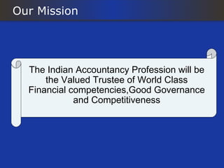 Our Mission




  The Indian Accountancy Profession will be
      the Valued Trustee of World Class
  Financial competencies,Good Governance
             and Competitiveness
 