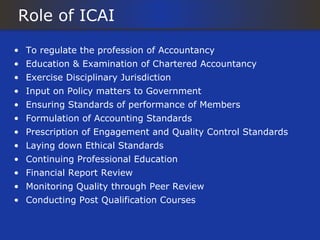 Role of ICAI

• To regulate the profession of Accountancy
• Education & Examination of Chartered Accountancy
• Exercise Disciplinary Jurisdiction
• Input on Policy matters to Government
• Ensuring Standards of performance of Members
• Formulation of Accounting Standards
• Prescription of Engagement and Quality Control Standards
• Laying down Ethical Standards
• Continuing Professional Education
• Financial Report Review
• Monitoring Quality through Peer Review
• Conducting Post Qualification Courses
 