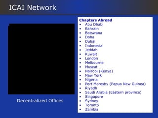 ICAI Network
                          Chapters Abroad
                          • Abu Dhabi
                          • Bahrain
                          • Botswana
                          • Doha
                          • Dubai
                          • Indonesia
                          • Jeddah
                          • Kuwait
                          • London
                          • Melbourne
                          • Muscat
                          • Nairobi (Kenya)
                          • New York
                          • Nigeria
                          • Port Moresby (Papua New Guinea)
                          • Riyadh
                          • Saudi Arabia (Eastern province)
                          • Singapore
  Decentralized Offices   • Sydney
                          • Toronto
                          • Zambia
 