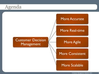 Agenda
More Accurate
More Real-time
Customer Decision
Management

More Agile
More Consistent

More Scalable
© Decision Management Solutions, 2013

5

 