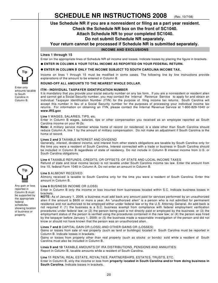 instructions for schedule nr sc 1040 form 2016