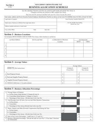 NEW JERSEY GROSS INCOME TAX
  NJ-NR-A
       (9-08)                                BUSINESS ALLOCATION SCHEDULE
                                 Use this schedule if business activities are carried on both inside and outside New Jersey or
                                               if business activities are carried on 100% outside New Jersey.
                                        This form must be enclosed and filed with your New Jersey Income Tax return.
Enter name, address and Social Security/Federal Employer Identification Number as shown on the Form NJ-1040NR, Form NJ-1041 or Form NJ-1065.
                                                                                                             Social Security Number/Federal EIN
Legal name of taxpayer

                                                                                                                 For the Taxable Year Ending
Trade name of business if different from legal name above
                                                                                                                      (Month, Day, Year)
Address (number and street or rural route)

City or Post Office                                   State             Zip Code


Section 1 - Business Locations
List all places BOTH INSIDE AND OUTSIDE New Jersey where business is carried on.

         (a) Street Address                        (b) City and State                 (c) Description of Business                    (d) Check One
                                                                                               Location                            RENT         OWN

 1.

 2.

 3.

 4.



Section 2 - Average Values
                                                                                                                          Average Values
      ASSETS (See instructions)                                                                                 Column A                   Column B
                                                                                                               Everywhere                  New Jersey

 1. Real Property Owned                                                                                1.                            1.

 2. Real and Tangible Property Rented                                                                  2.                            2.

 3. Tangible Personal Property Owned                                                                   3.                            3.

 4. TOTALS (Add Lines 1-3 in each column)                                                              4.                            4.



Section 3 - Business Allocation Percentage
 1. Average Values of Property:
    a. In New Jersey (from Section 2, Column B, Line 4)                                                1a
    b. Everywhere (from Section 2, Column A, Line 4)                                                   1b
    c. Percentage in New Jersey. (Divide Line 1a by Line 1b)                                                                         1c                 %
 2. Total Receipts from All Sales, Services and Other Business Transactions:
    a. In New Jersey                                                                                   2a
    b. Everywhere                                                                                      2b
    c. Percentage in New Jersey (Divide Line 2a by Line 2b)                                                                          2c                 %
 3. Wages, Salaries and Other Personal Compensation Paid During the Year:
    a. In New Jersey                                                                                   3a
    b. Everywhere                                                                                      3b
    c. Percentage in New Jersey. (Divide Line 3a by Line 3b)                                                                         3c                 %
 4. Sum of New Jersey Percentages. (Add Lines 1c, 2c and 3c)                                                                          4                 %
 5. Business Allocation Percentage. (Divide the total on Line 4 by 3; if less than 3 fractions,
    see instructions)                                                                                                                 5                 %
 