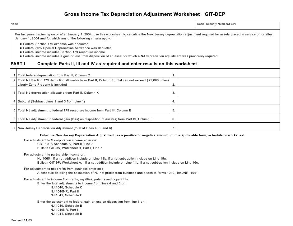 gross income tax depreciation adjustment worksheet updated 11 29 05 nj 1040nr form