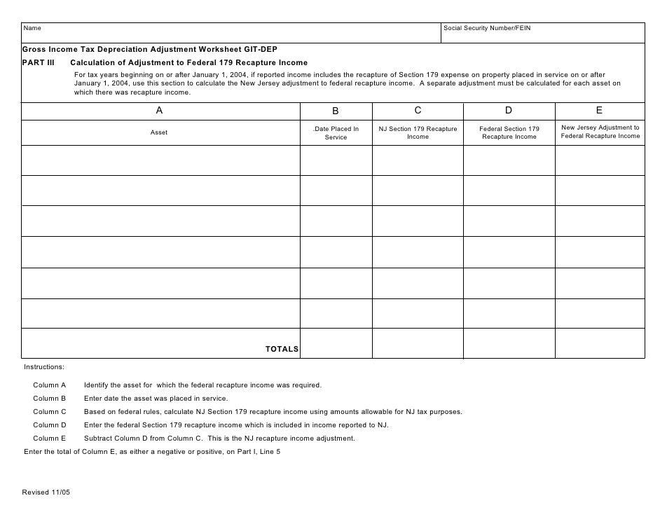 Gross Income Tax Depreciation Adjustment Worksheet (Updated: 11/29/05)