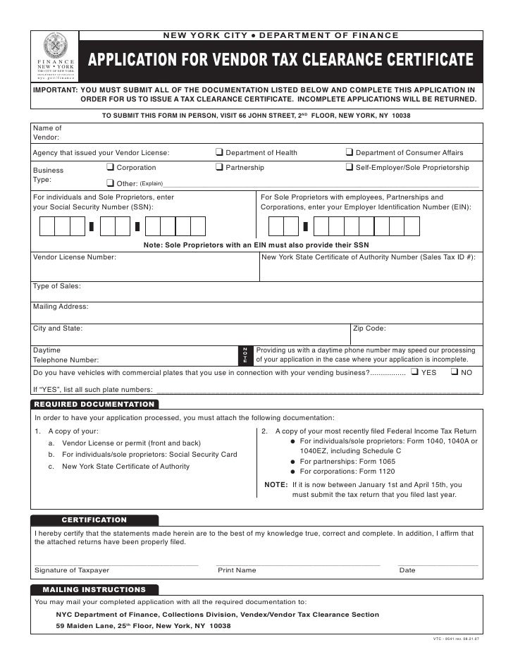 Vendor Tax Clearance Certificate