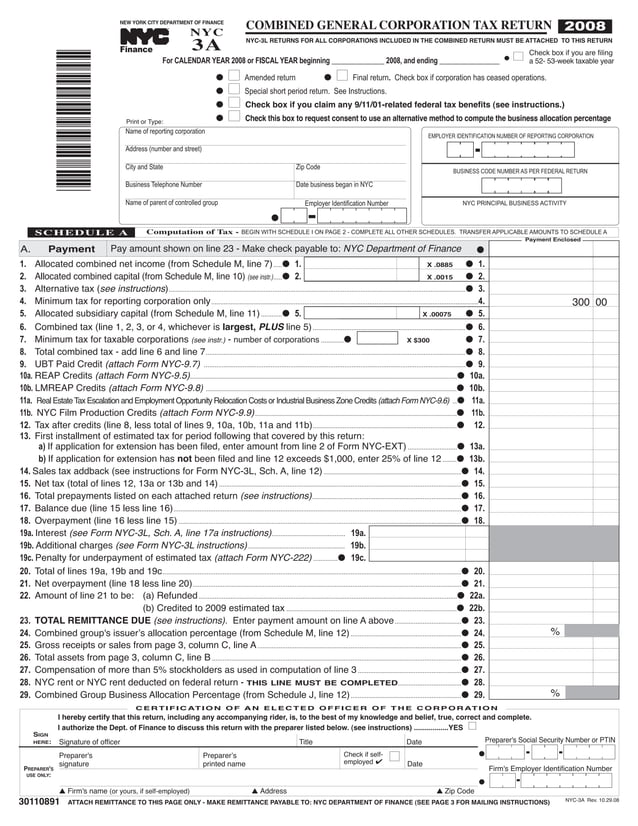 NYC-3A Combined General Corporation Tax Return | PDF