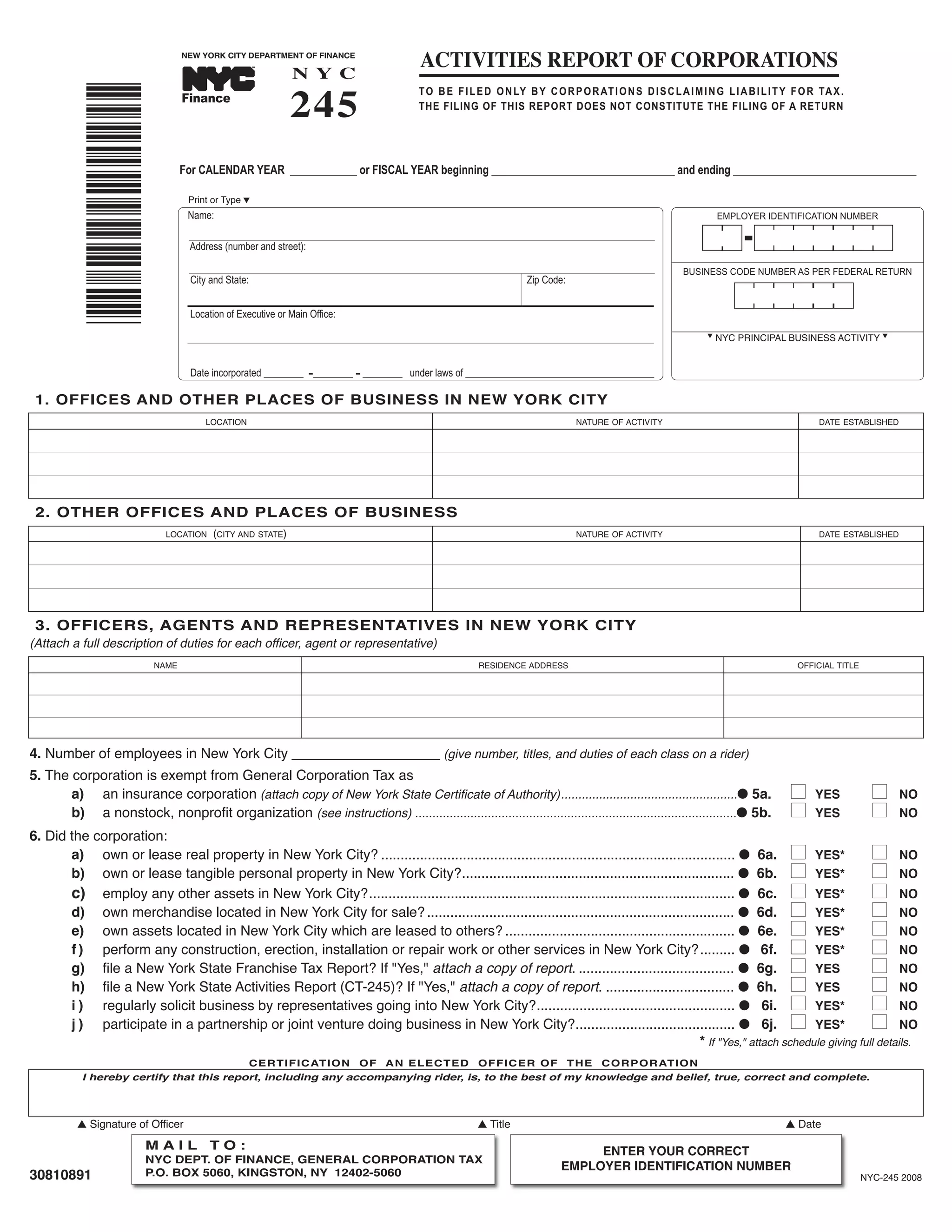 NYC2030 Declaration for Efiling of Corporation Tax Return (File