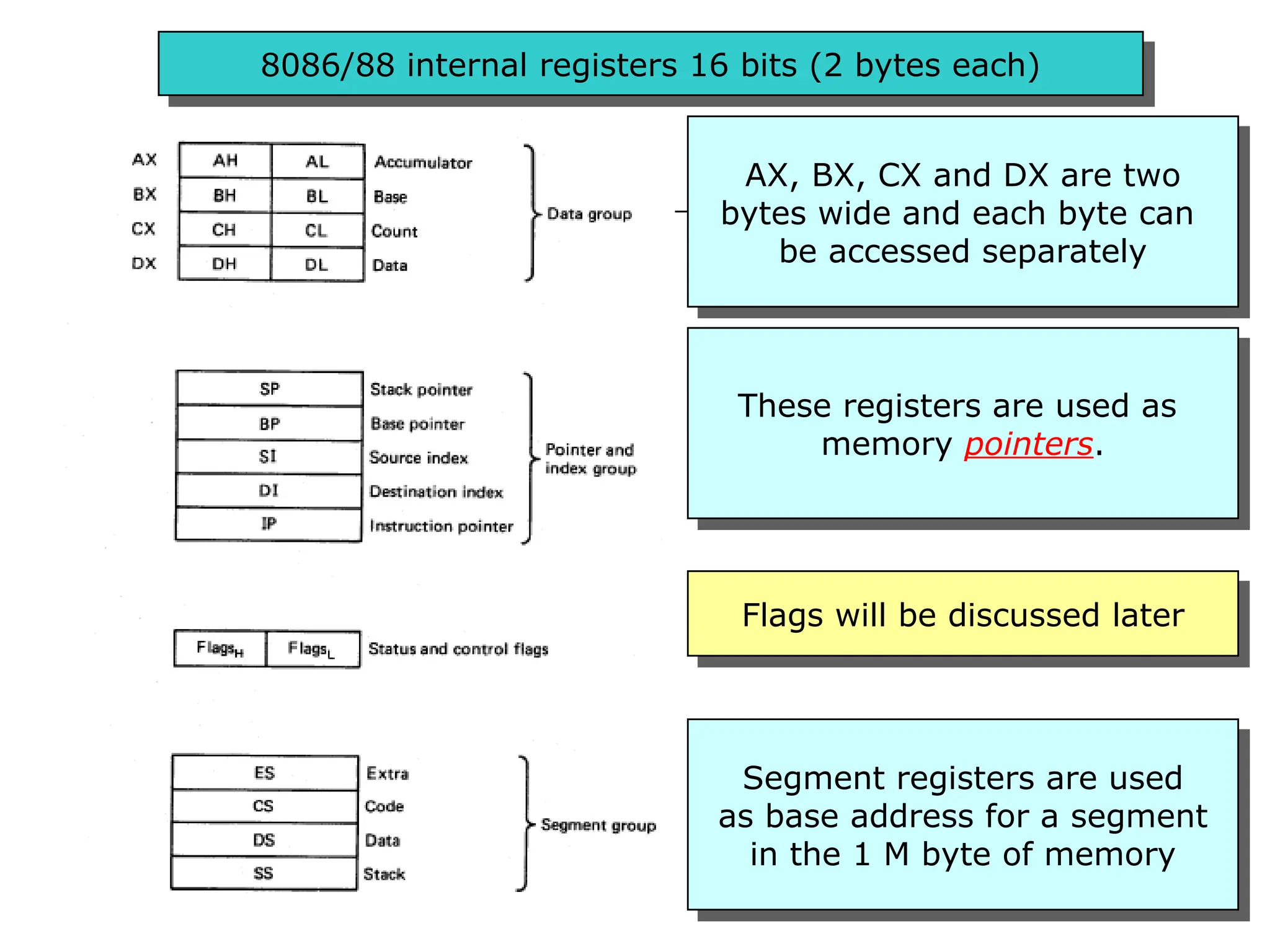 8086/88 internal registers 16 bits (2 bytes each)
AX, BX, CX and DX are two
bytes wide and each byte can
be accessed separately
These registers are used as
memory pointers.
Flags will be discussed later
Segment registers are used
as base address for a segment
in the 1 M byte of memory
 