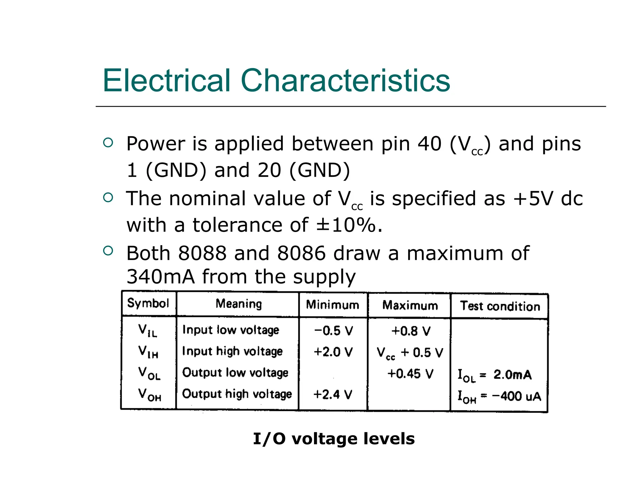 Electrical Characteristics
 Power is applied between pin 40 (Vcc) and pins
1 (GND) and 20 (GND)
 The nominal value of Vcc is specified as +5V dc
with a tolerance of ±10%.
 Both 8088 and 8086 draw a maximum of
340mA from the supply
I/O voltage levels
 