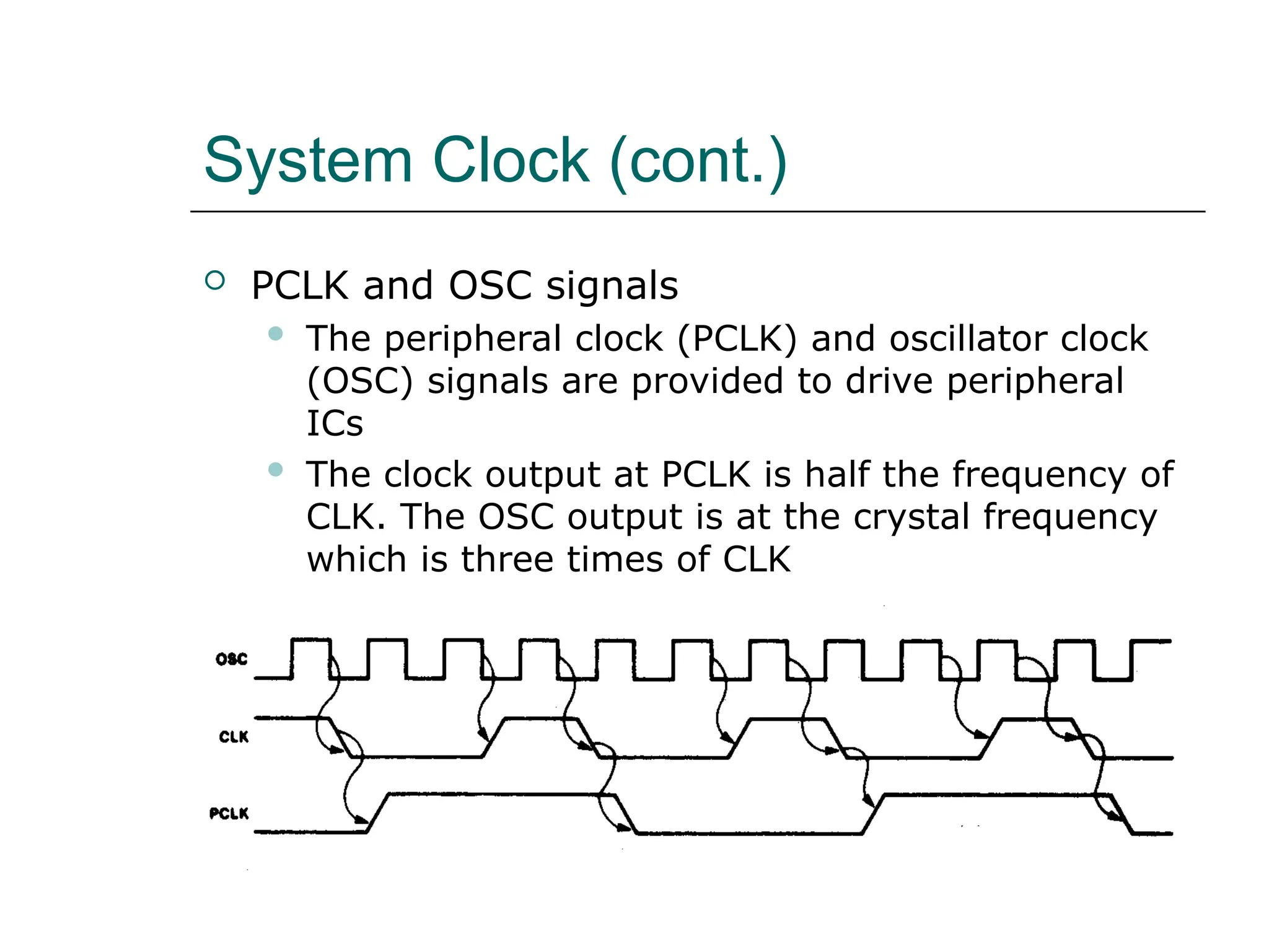 System Clock (cont.)
 PCLK and OSC signals
 The peripheral clock (PCLK) and oscillator clock
(OSC) signals are provided to drive peripheral
ICs
 The clock output at PCLK is half the frequency of
CLK. The OSC output is at the crystal frequency
which is three times of CLK
 